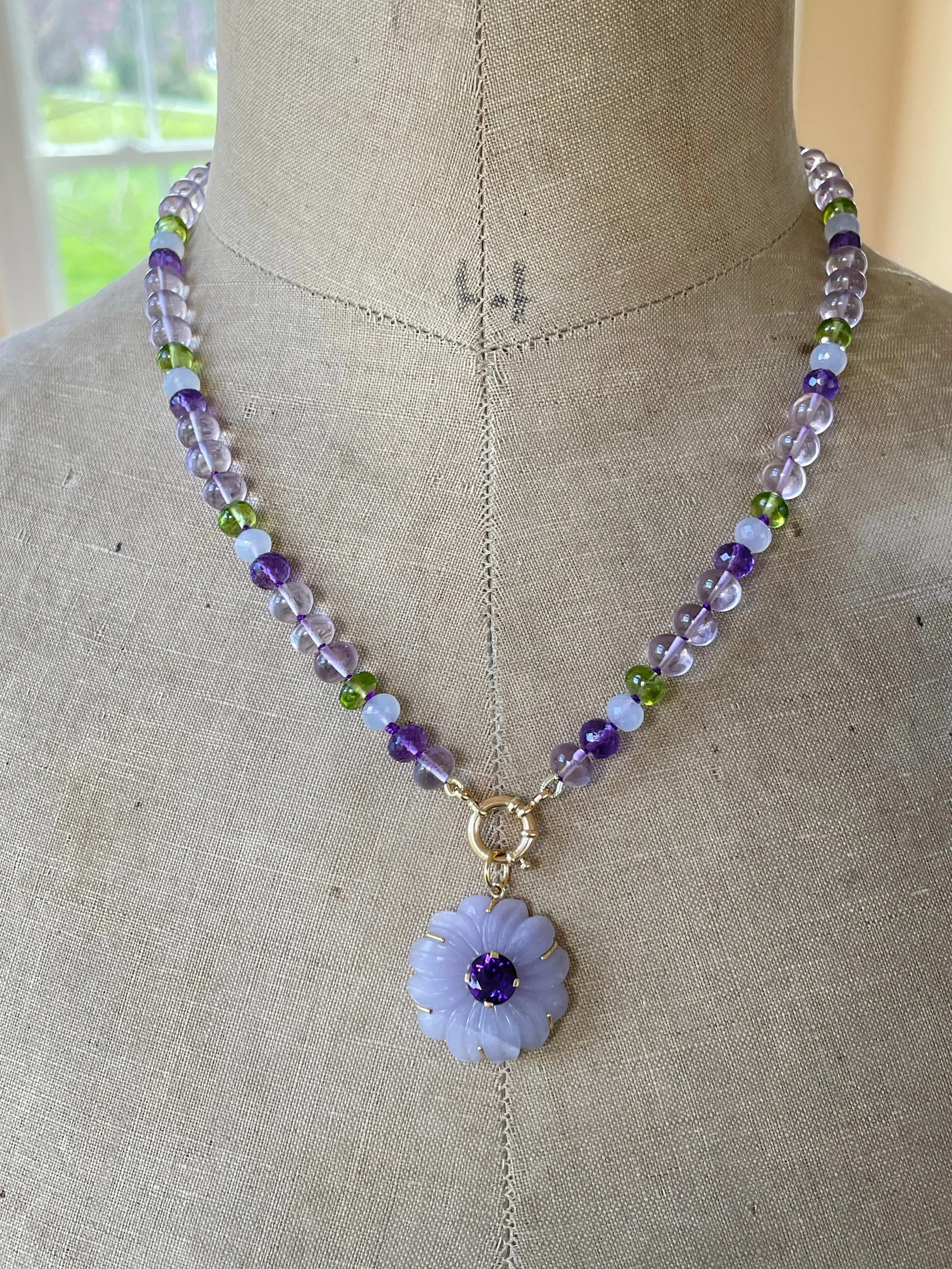 14k Carved Chalcedony and Amethyst  Flower Necklace