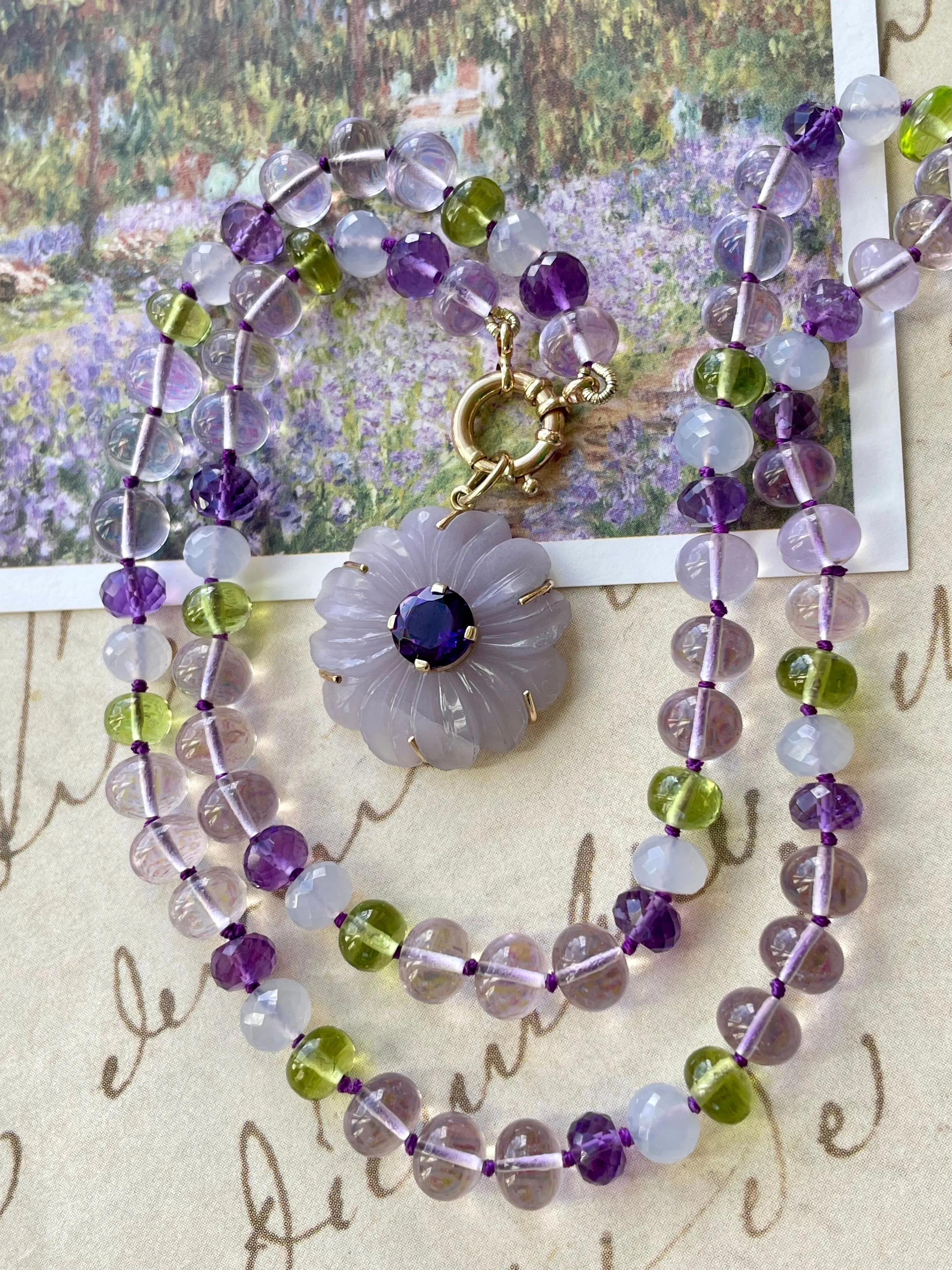 14k Carved Chalcedony and Amethyst  Flower Necklace