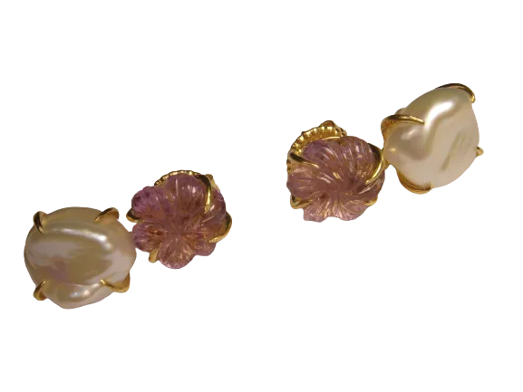 14K Gold Amethyst Baroque Pearl Earrings Gold Silver Carved Amethyst Baroque Pearl Earrings