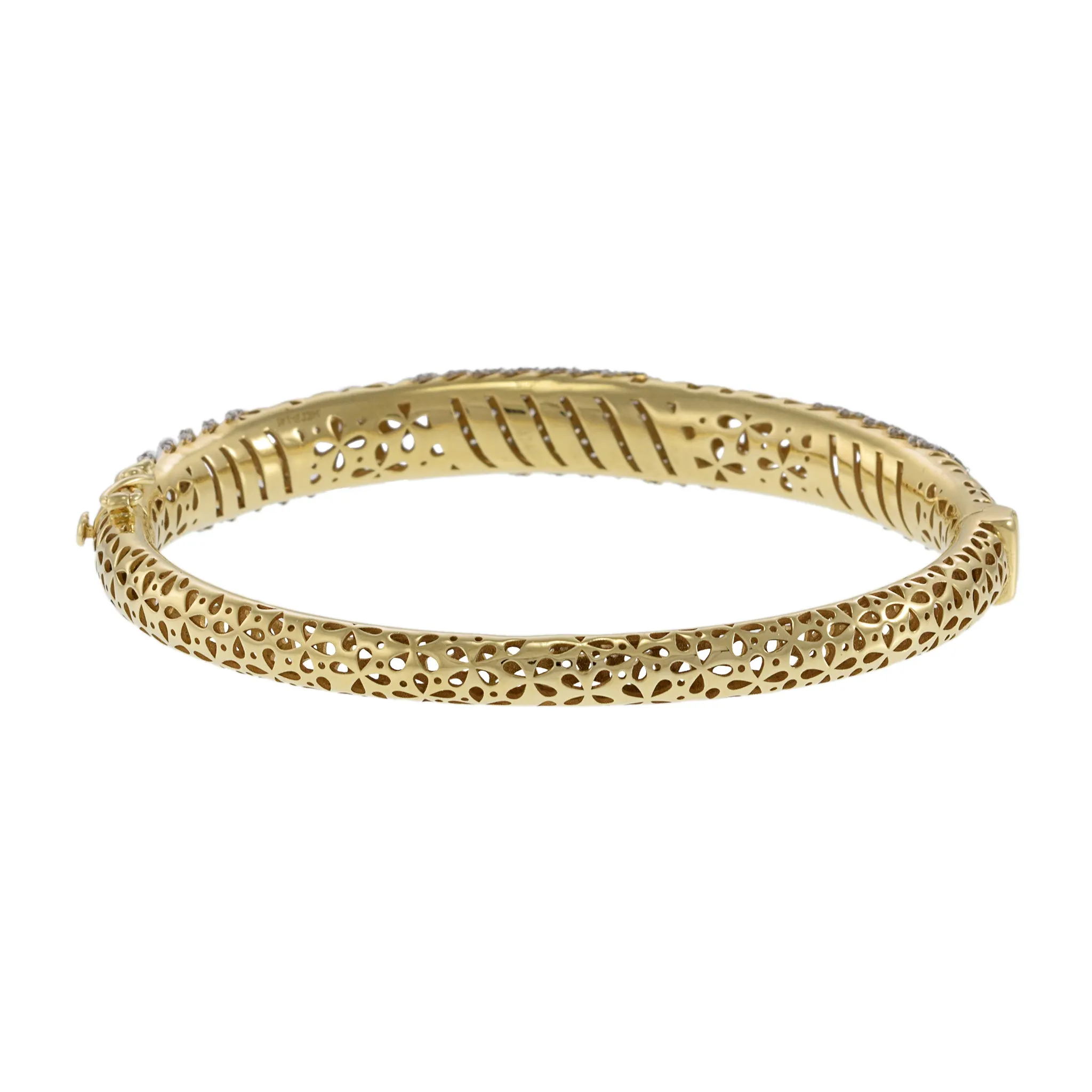 14KT Yellow Gold With Round Cut Diamonds Swirl Design With Eyelet Detailing Bangle