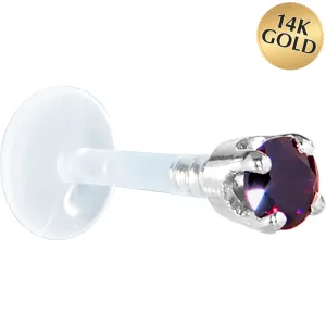 16 Gauge 5/16 Solid 14KT White Gold 3mm Amethyst Cubic Zirconia Bioplast Tragus Earring Stud