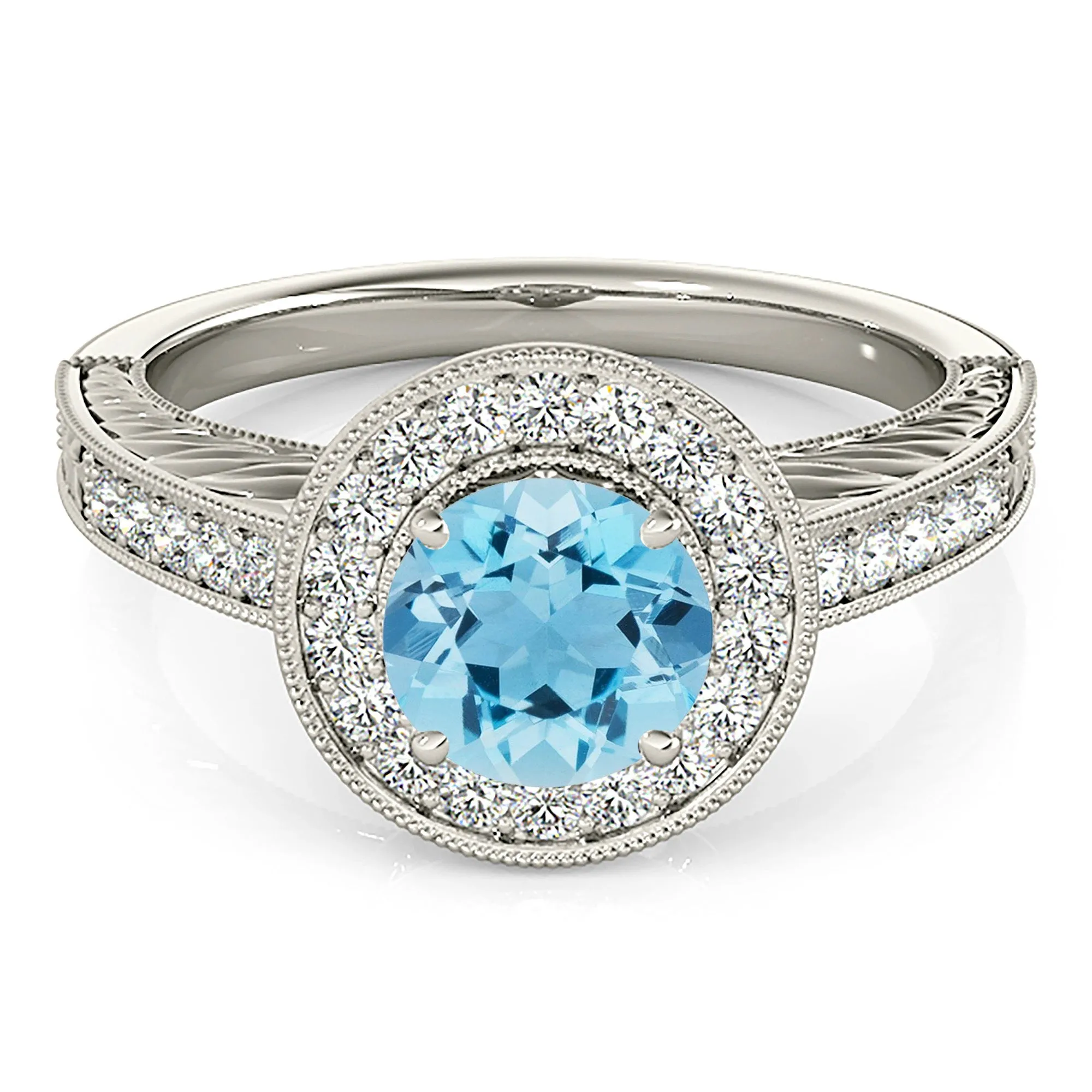 1.65 ct. Genuine Aquamarine Ring With Milgrain Halo, Filigree Diamond Shank