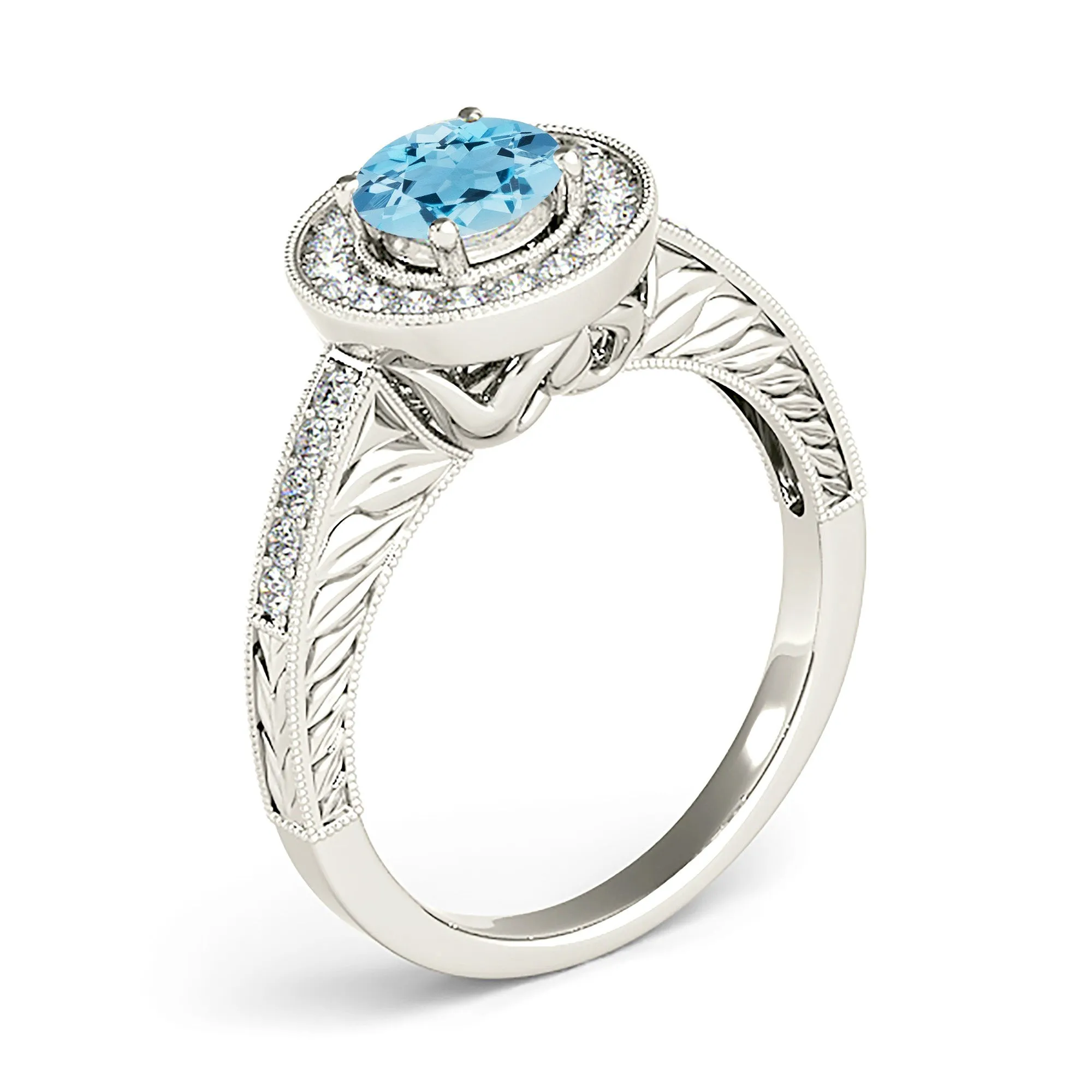 1.65 ct. Genuine Aquamarine Ring With Milgrain Halo, Filigree Diamond Shank