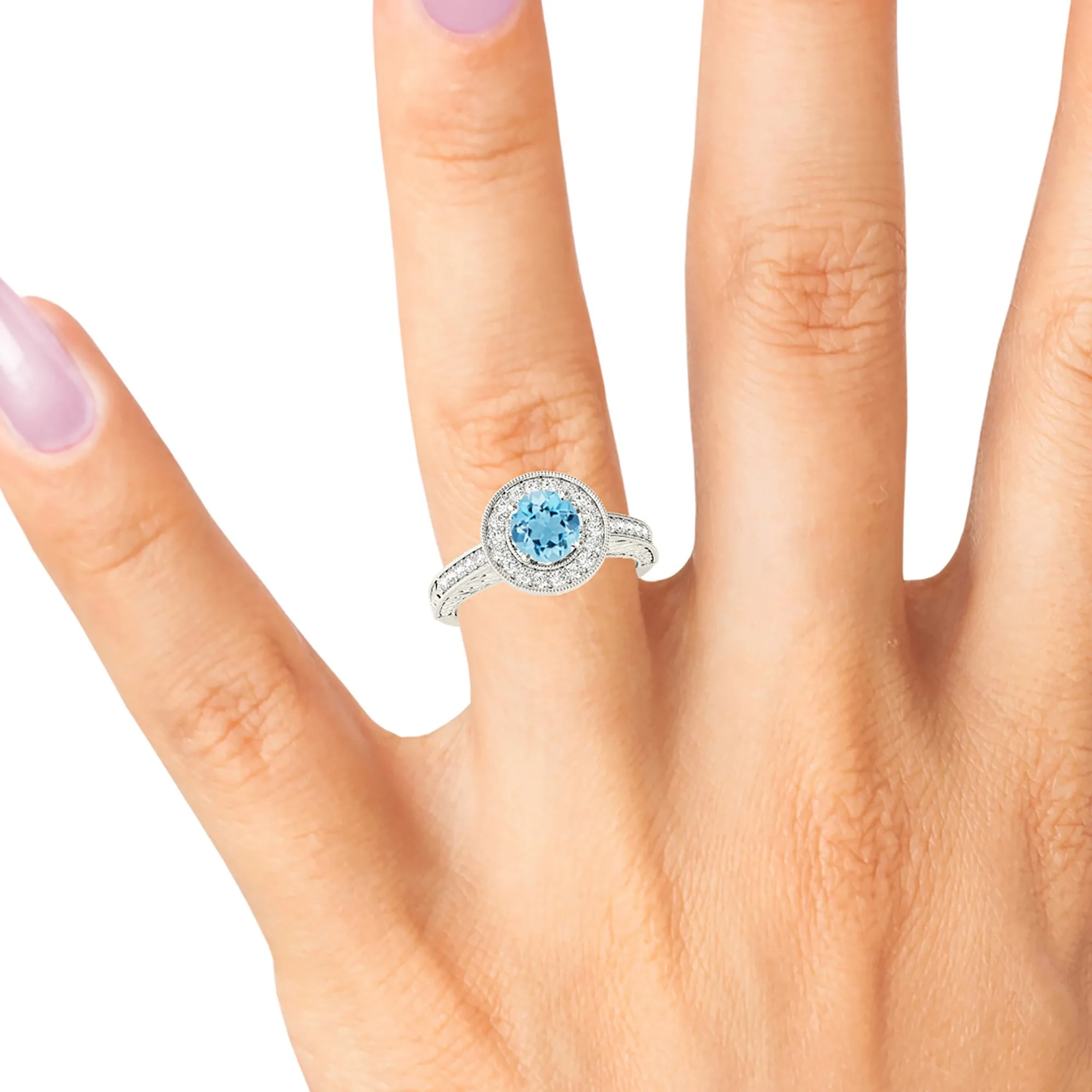 1.65 ct. Genuine Aquamarine Ring With Milgrain Halo, Filigree Diamond Shank