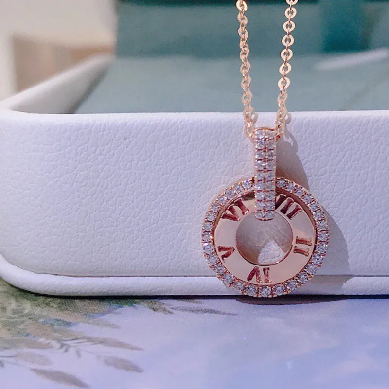 18K Gold 0.17ct Real Diamond Ancient Roman Numeral Pendant Necklace Color H, Clarity SI