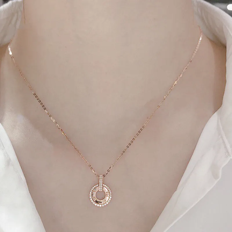 18K Gold 0.17ct Real Diamond Ancient Roman Numeral Pendant Necklace Color H, Clarity SI