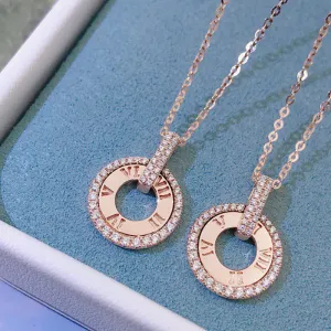 18K Gold 0.17ct Real Diamond Ancient Roman Numeral Pendant Necklace Color H, Clarity SI