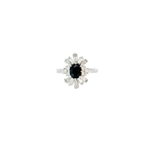18k White Gold 1.00ct Oval Blue Sapphire and surround by 1.00ct D Vs1 Baguette and Round total weight Diamond   Ring