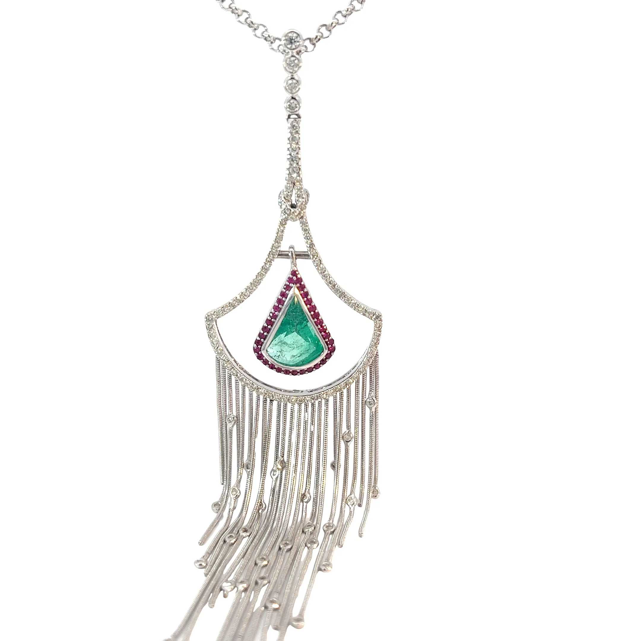 18k White Gold 1.85ct Pear Shape Emerald, .78ct F VS2 Round Diamond and .50ct Round Ruby Necklace