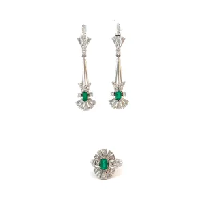 18KW .50CT COLOMBIAN EMERALD FVS2/1CT TOTAL WEIGHT DIAMOND VINTAGE MATCHING EARRING/RING SET