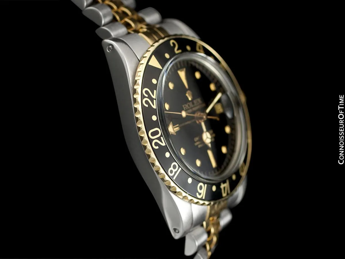1979 Rolex GMT Master Vintage Mens Ref. 1675/3 Black Bezel Watch with Nipple Dial - 14K Gold & Stainless Steel