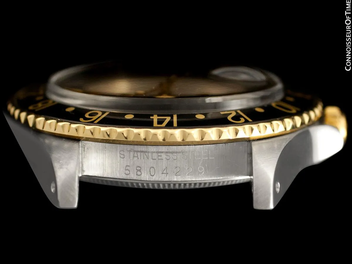 1979 Rolex GMT Master Vintage Mens Ref. 1675/3 Black Bezel Watch with Nipple Dial - 14K Gold & Stainless Steel