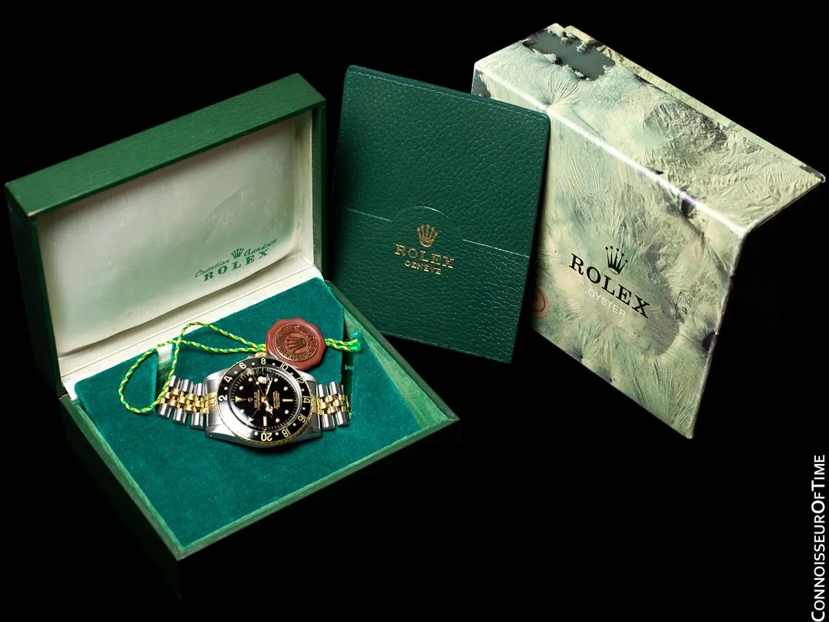 1979 Rolex GMT Master Vintage Mens Ref. 1675/3 Black Bezel Watch with Nipple Dial - 14K Gold & Stainless Steel