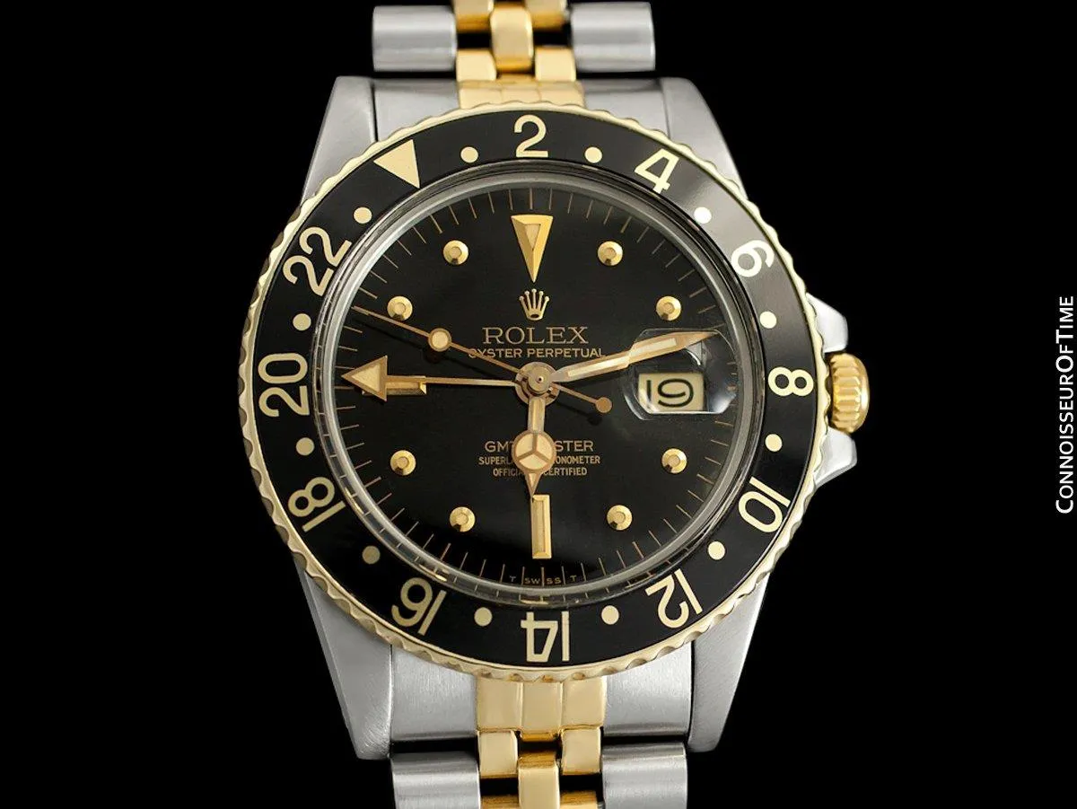1979 Rolex GMT Master Vintage Mens Ref. 1675/3 Black Bezel Watch with Nipple Dial - 14K Gold & Stainless Steel