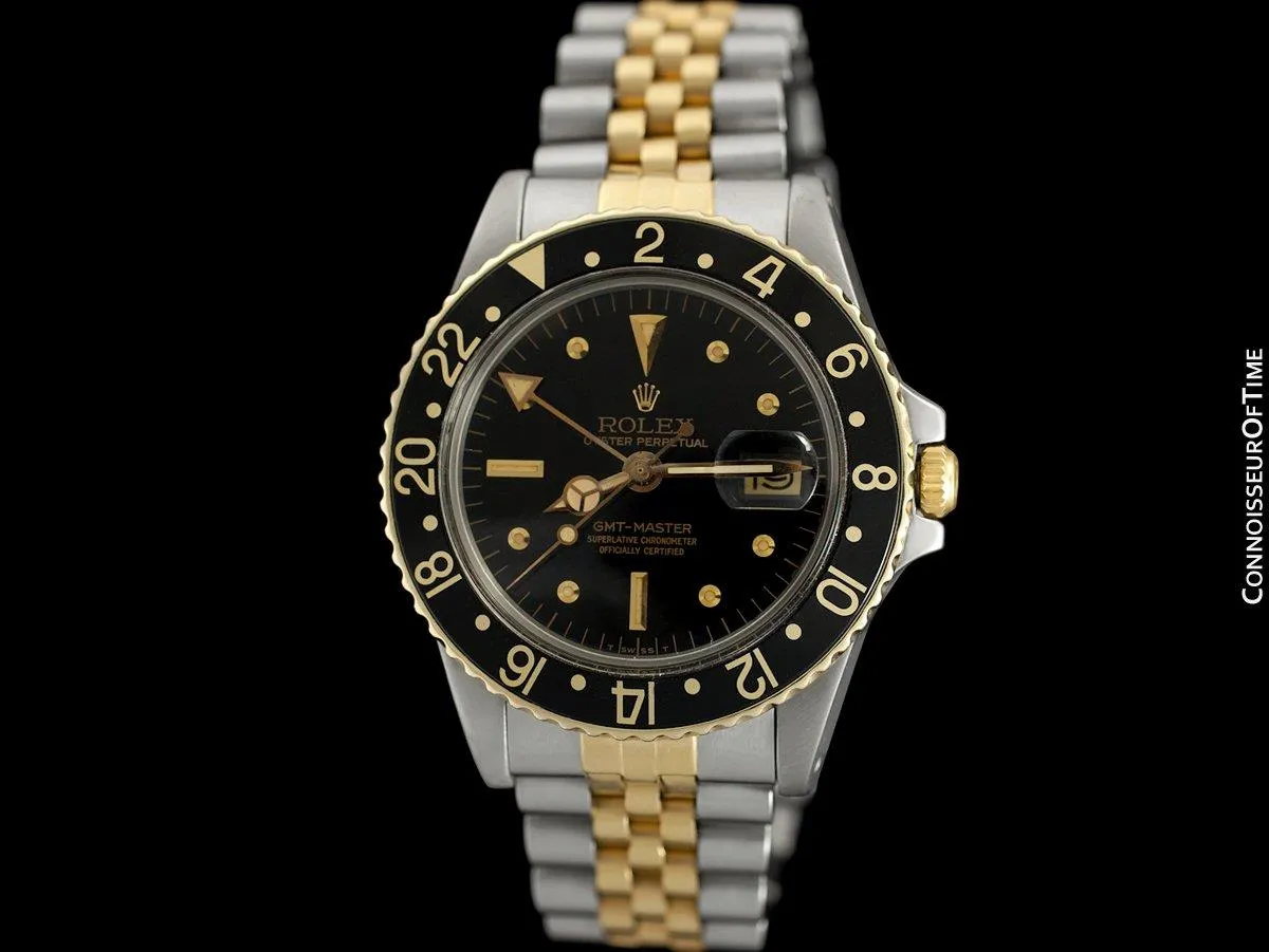 1979 Rolex GMT Master Vintage Mens Ref. 1675/3 Black Bezel Watch with Nipple Dial - 14K Gold & Stainless Steel