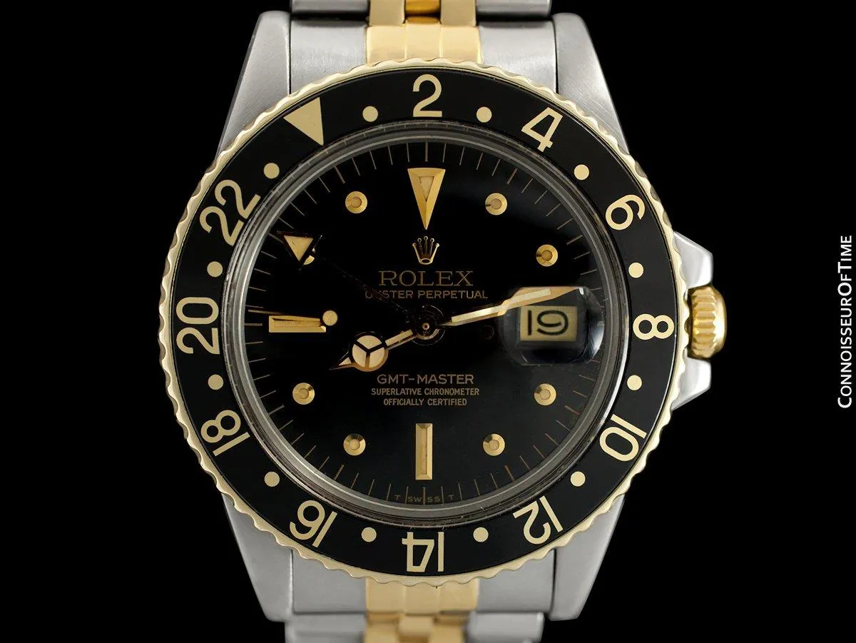 1979 Rolex GMT Master Vintage Mens Ref. 1675/3 Black Bezel Watch with Nipple Dial - 14K Gold & Stainless Steel