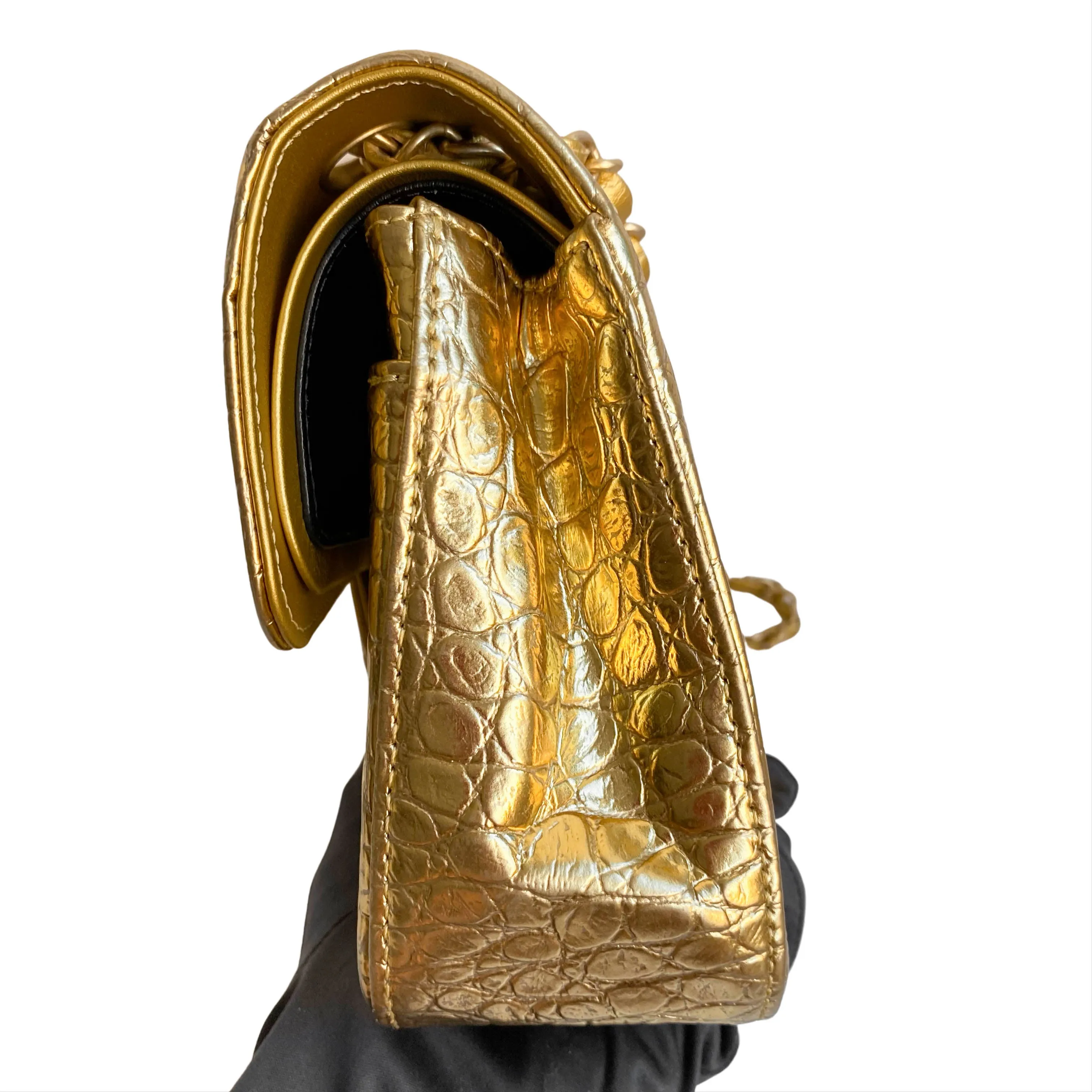 19A Gold Croc Embossed Calfskin Small Classic Double Flap Bag