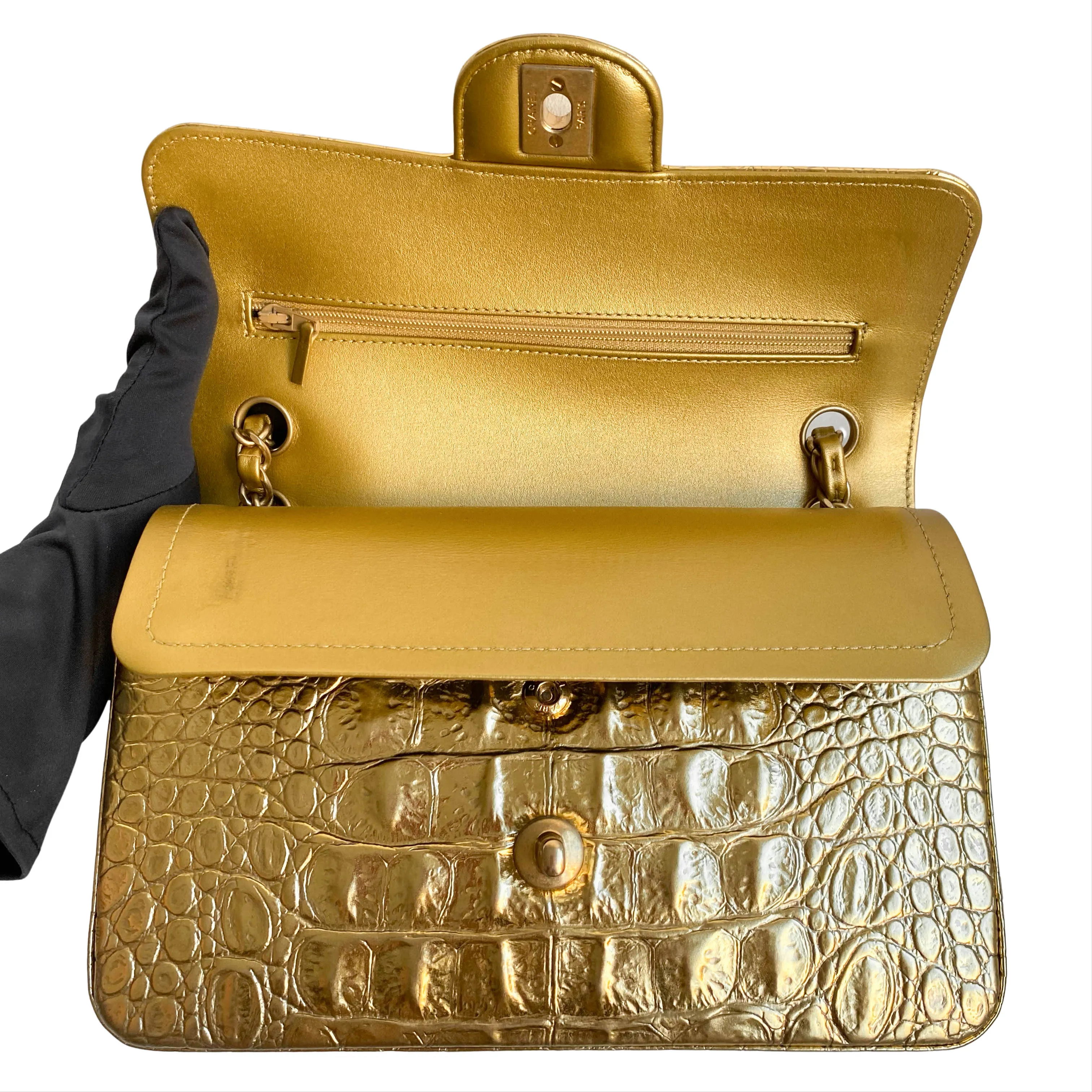 19A Gold Croc Embossed Calfskin Small Classic Double Flap Bag