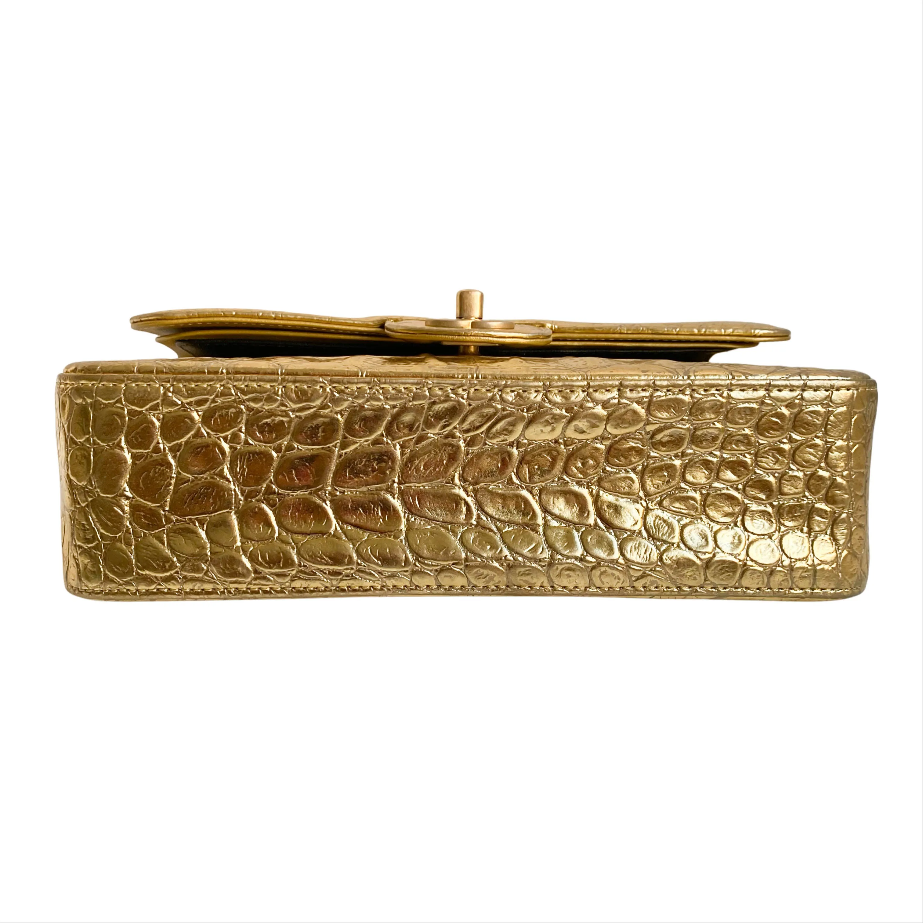 19A Gold Croc Embossed Calfskin Small Classic Double Flap Bag
