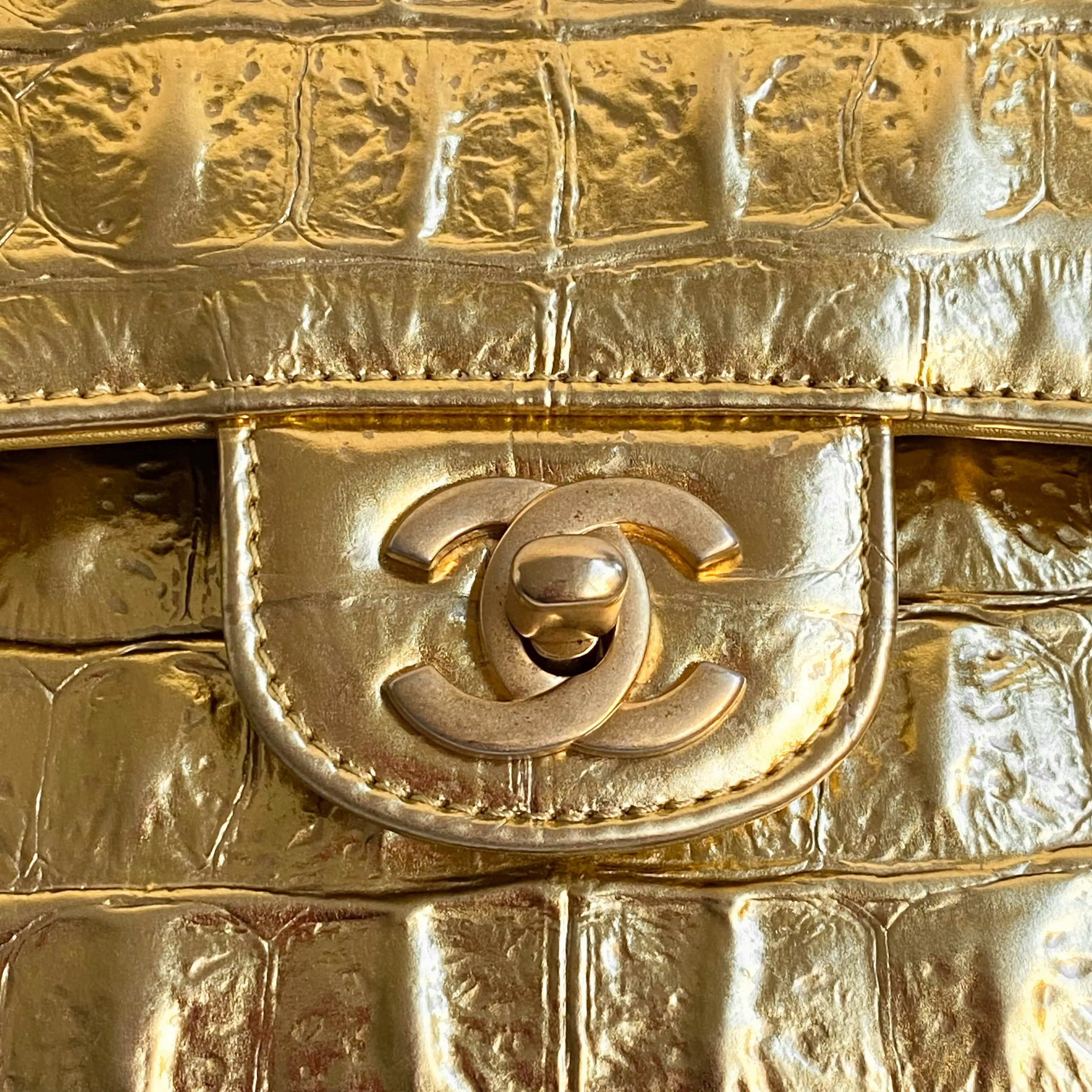 19A Gold Croc Embossed Calfskin Small Classic Double Flap Bag
