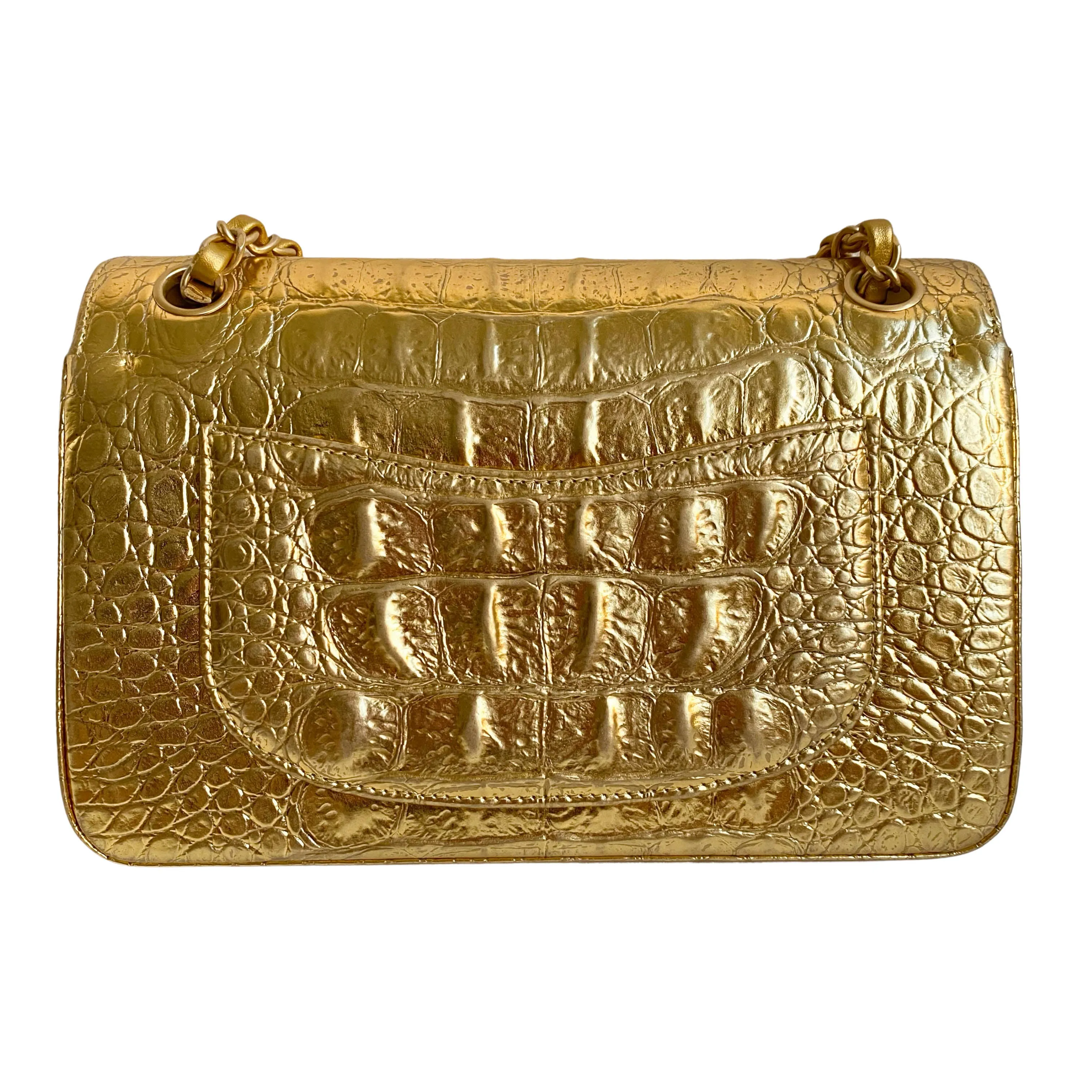 19A Gold Croc Embossed Calfskin Small Classic Double Flap Bag