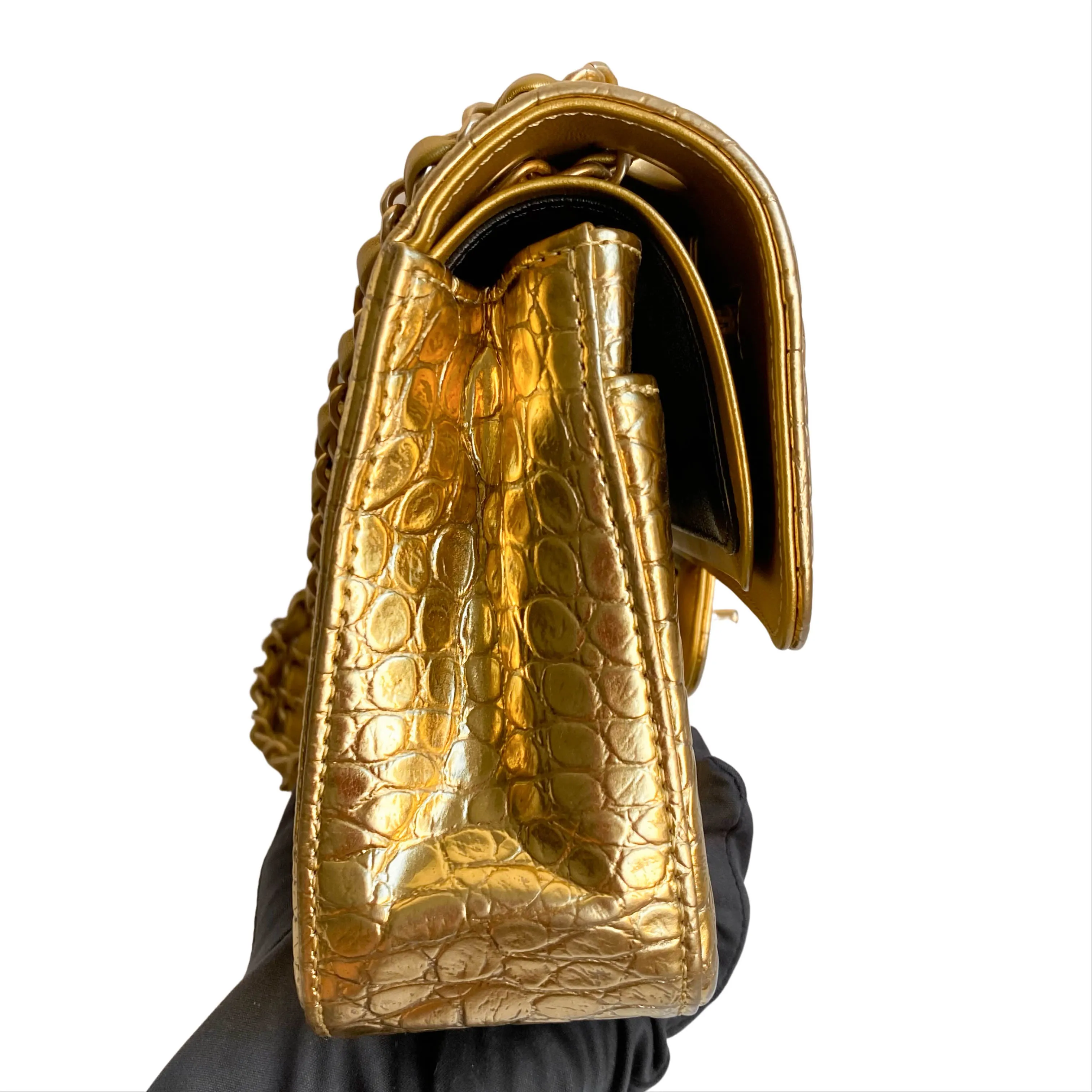 19A Gold Croc Embossed Calfskin Small Classic Double Flap Bag