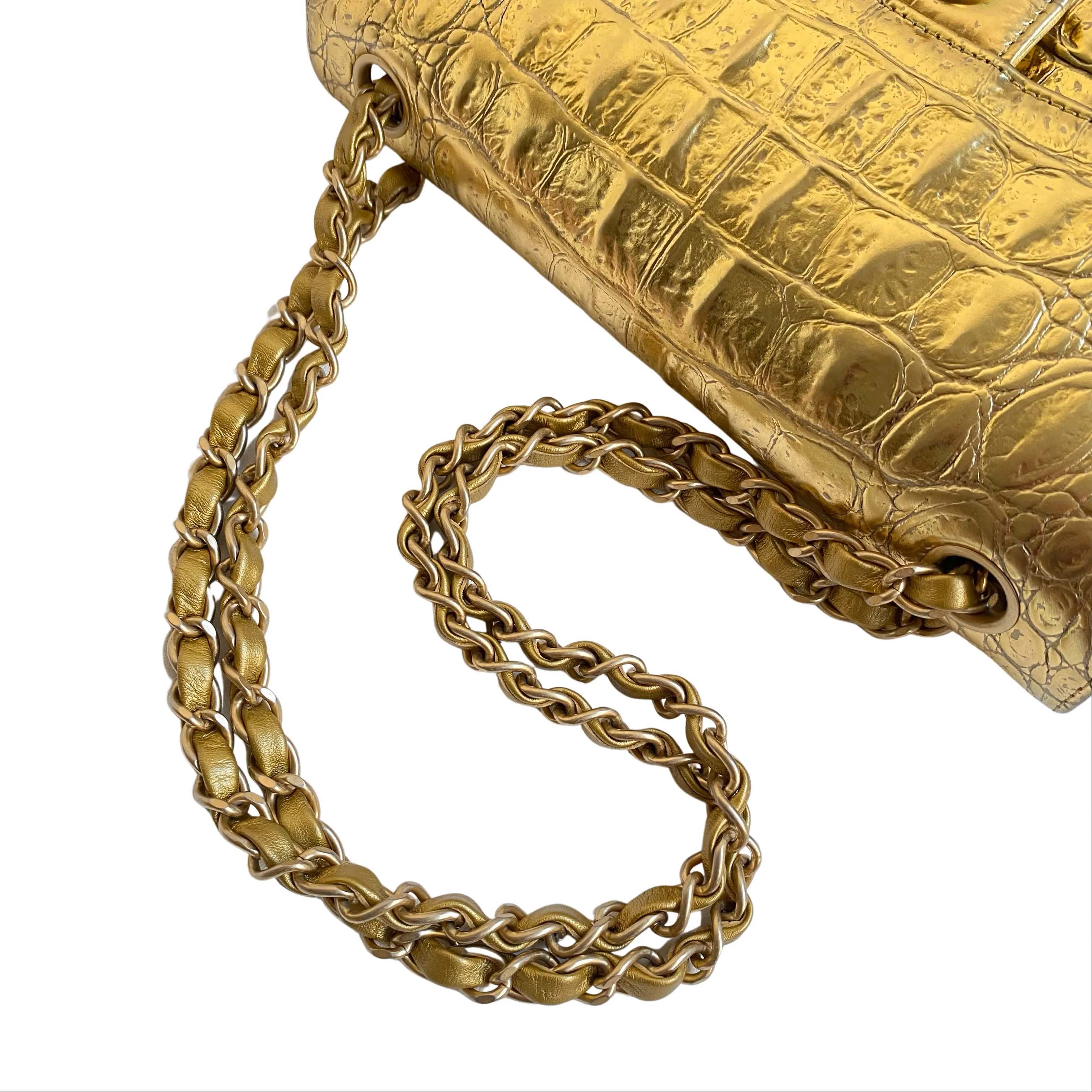 19A Gold Croc Embossed Calfskin Small Classic Double Flap Bag
