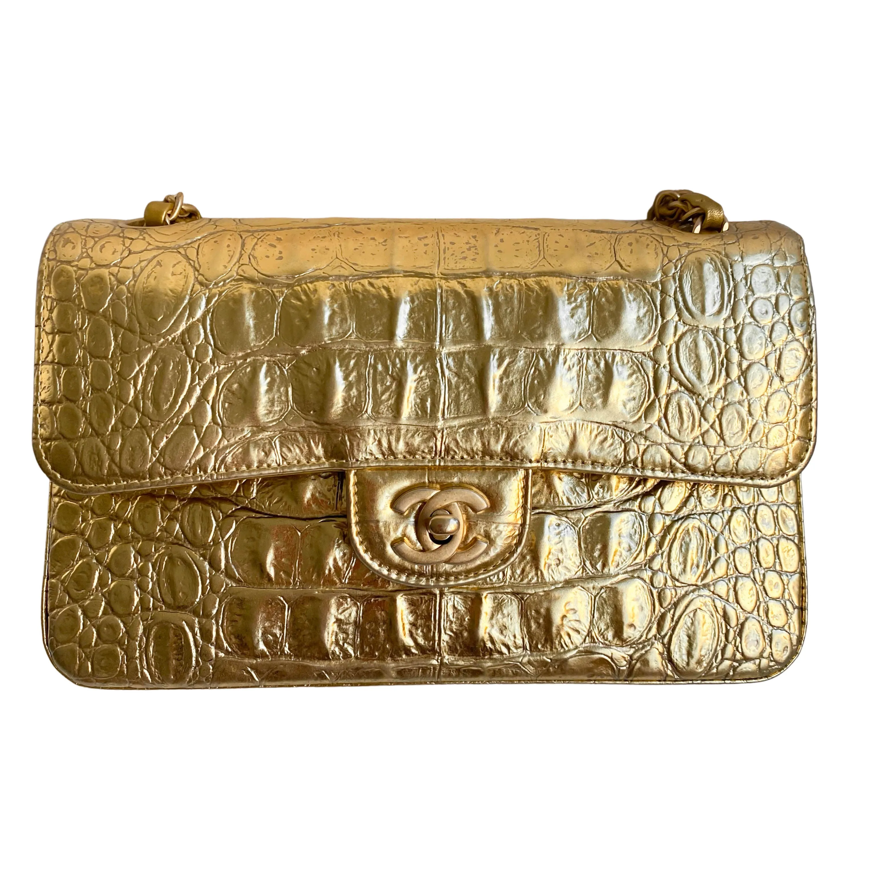 19A Gold Croc Embossed Calfskin Small Classic Double Flap Bag