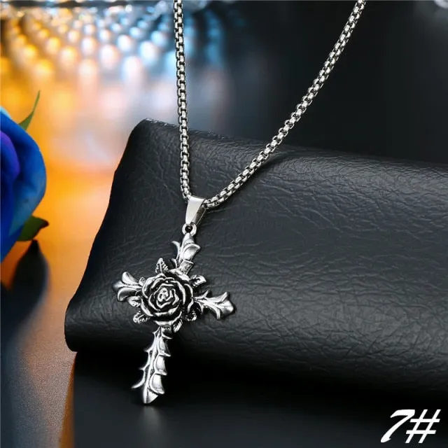 1PC  Vintage Metal Rose Cross Skeleton Necklace