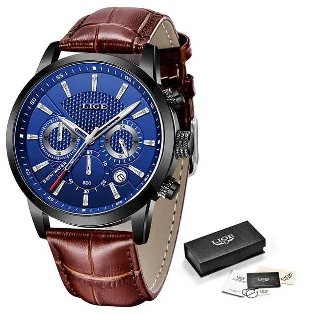 2023 New Mens Watch LIGE Top Brand Leather Chronograph