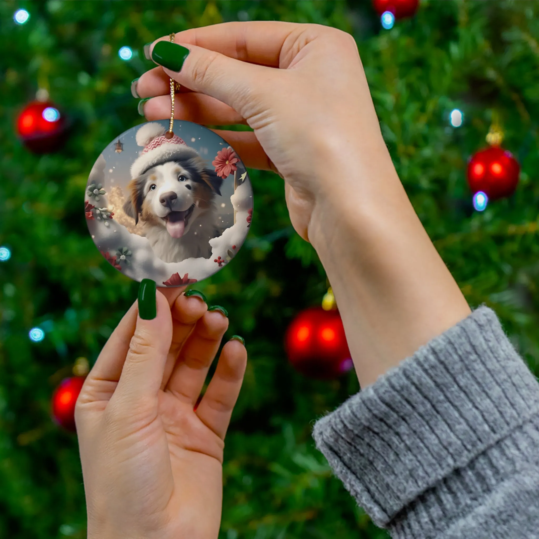 3D Dog With Santa Hat Breaking Out Ceramic Disc Ornament              Item #8813471