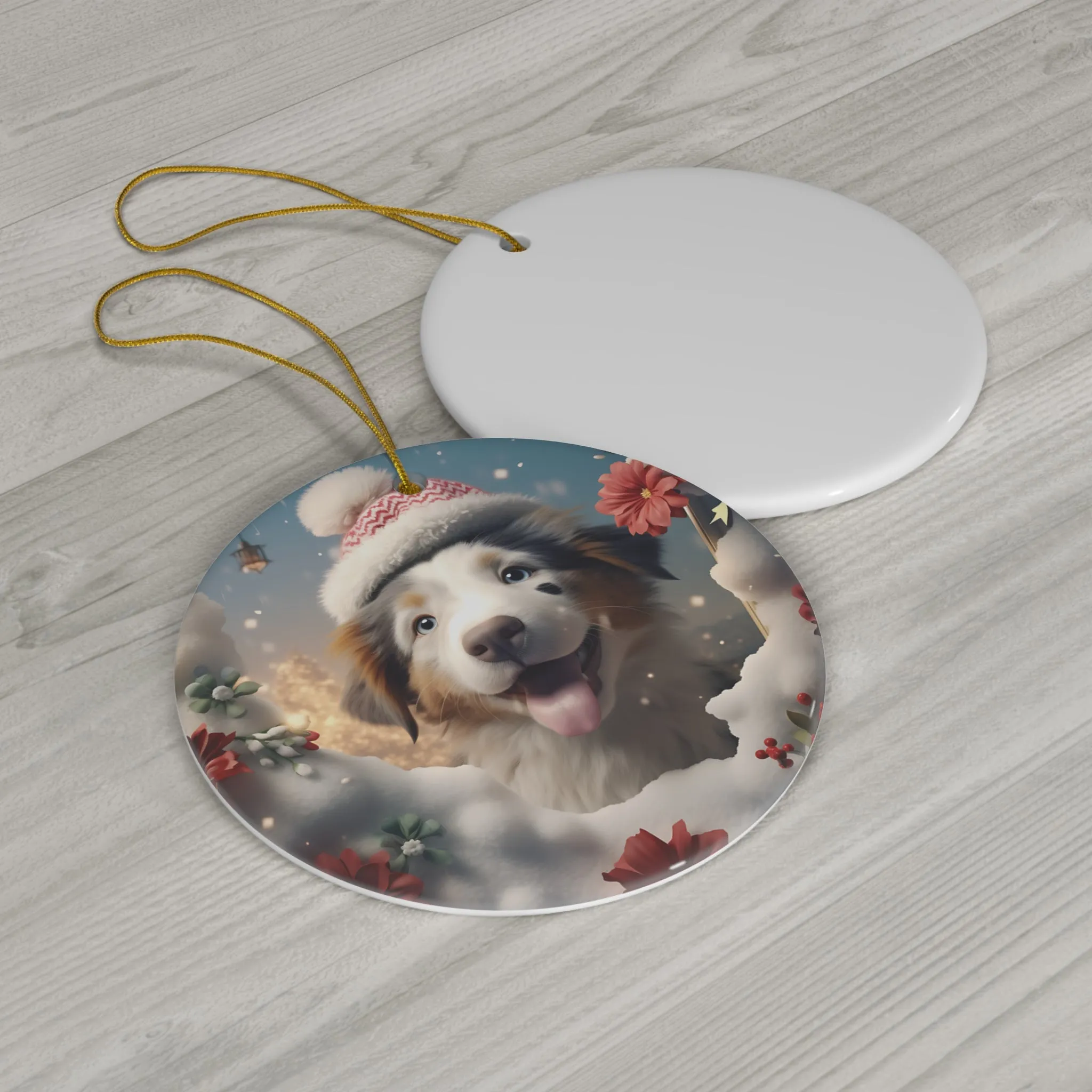 3D Dog With Santa Hat Breaking Out Ceramic Disc Ornament              Item #8813471