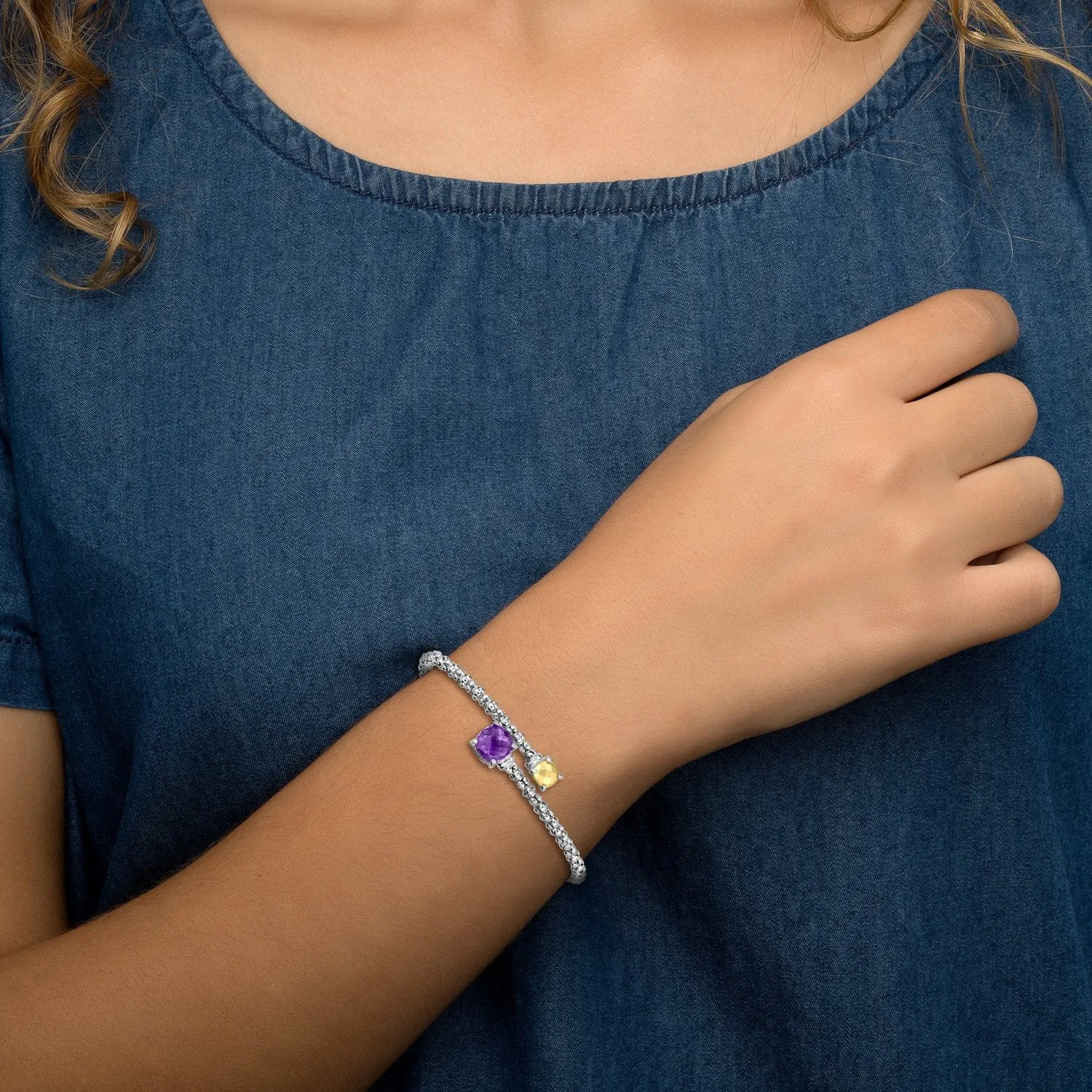 925 Sterling Silver Genuine Purple Amethyst Bypass Popcorn Bangle Bracelet