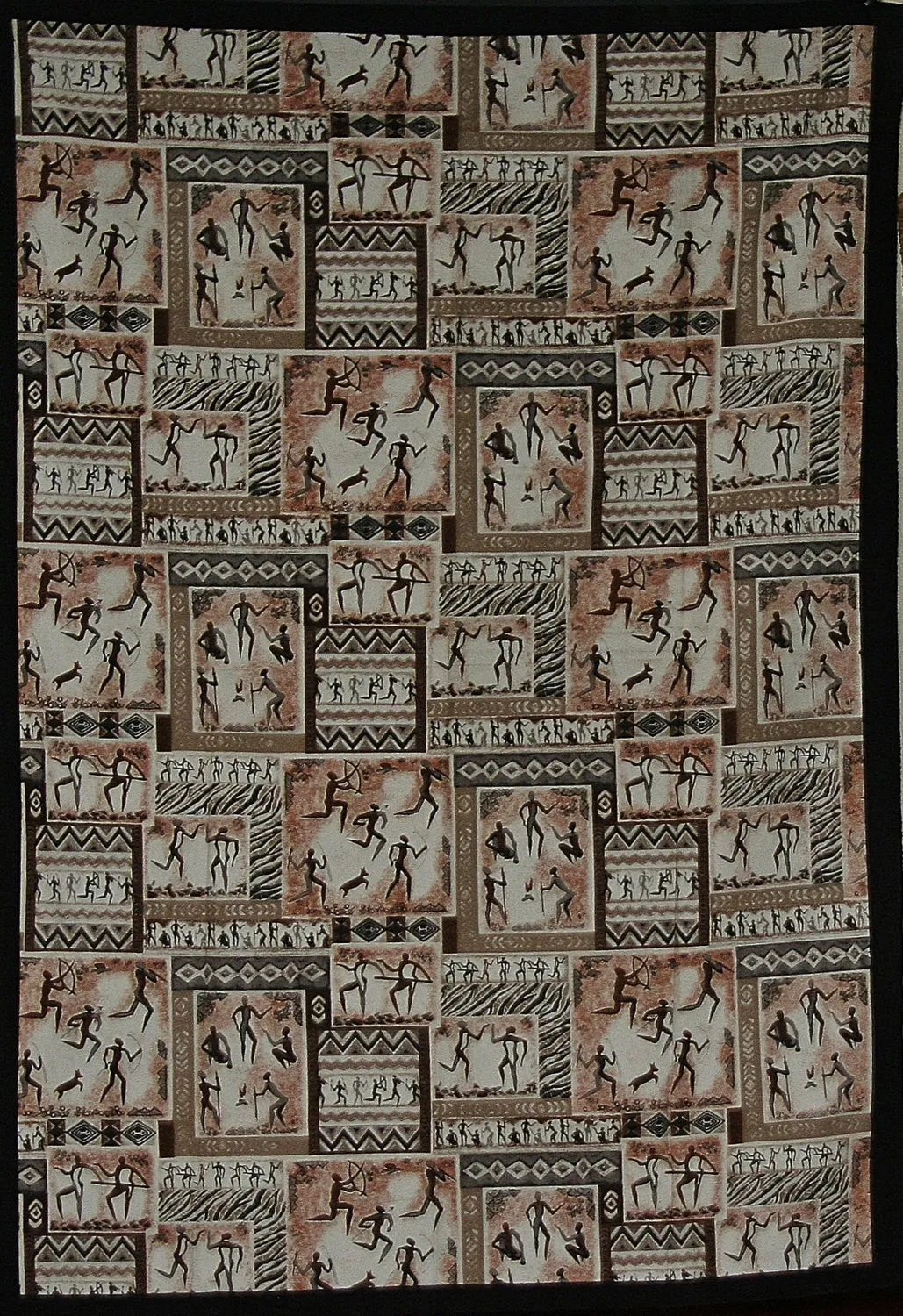 African Bushman Hunters Screen Print Zimbabwe Fabric 60" X 84" Vintage