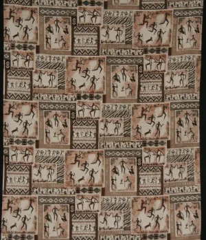 African Bushman Hunters Screen Print Zimbabwe Fabric 60" X 84" Vintage