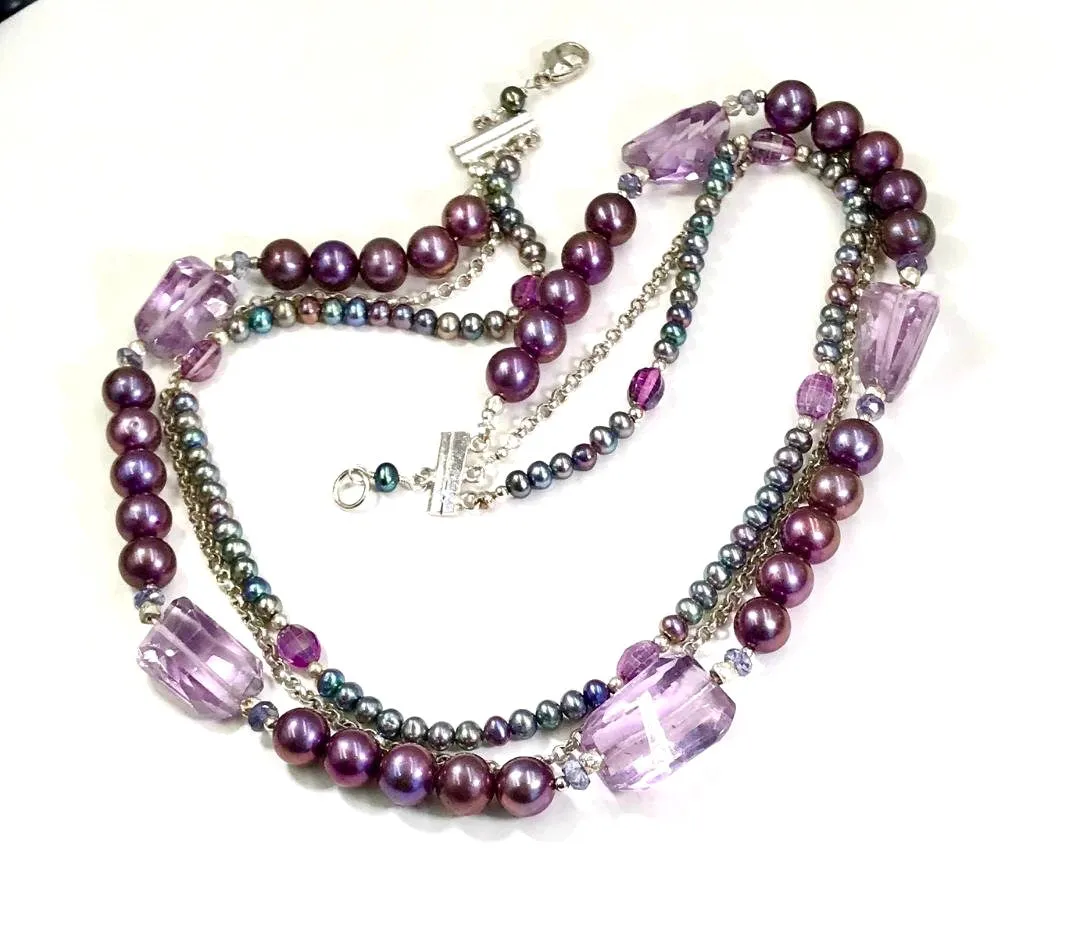 Amethyst and Pearl Multi-Strand Triple Strand Necklace