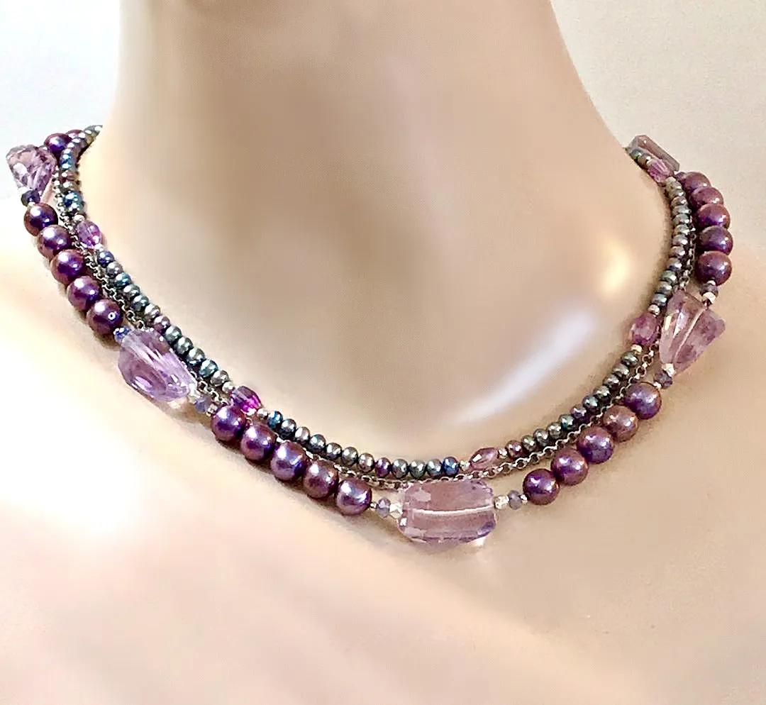 Amethyst and Pearl Multi-Strand Triple Strand Necklace