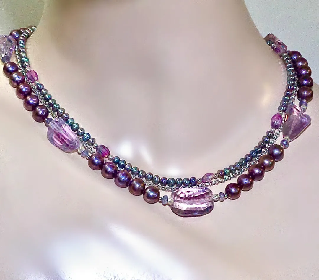 Amethyst and Pearl Multi-Strand Triple Strand Necklace