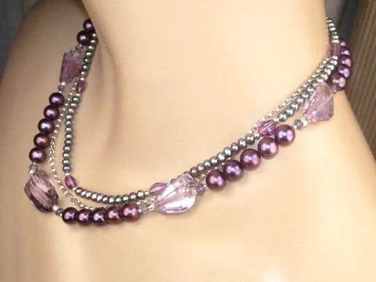 Amethyst and Pearl Multi-Strand Triple Strand Necklace
