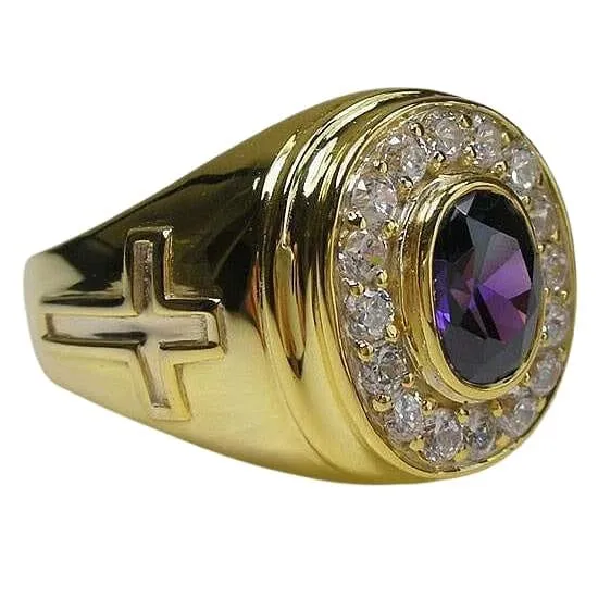 Amethyst Christian Yellow Gold Cross Bishop Ring