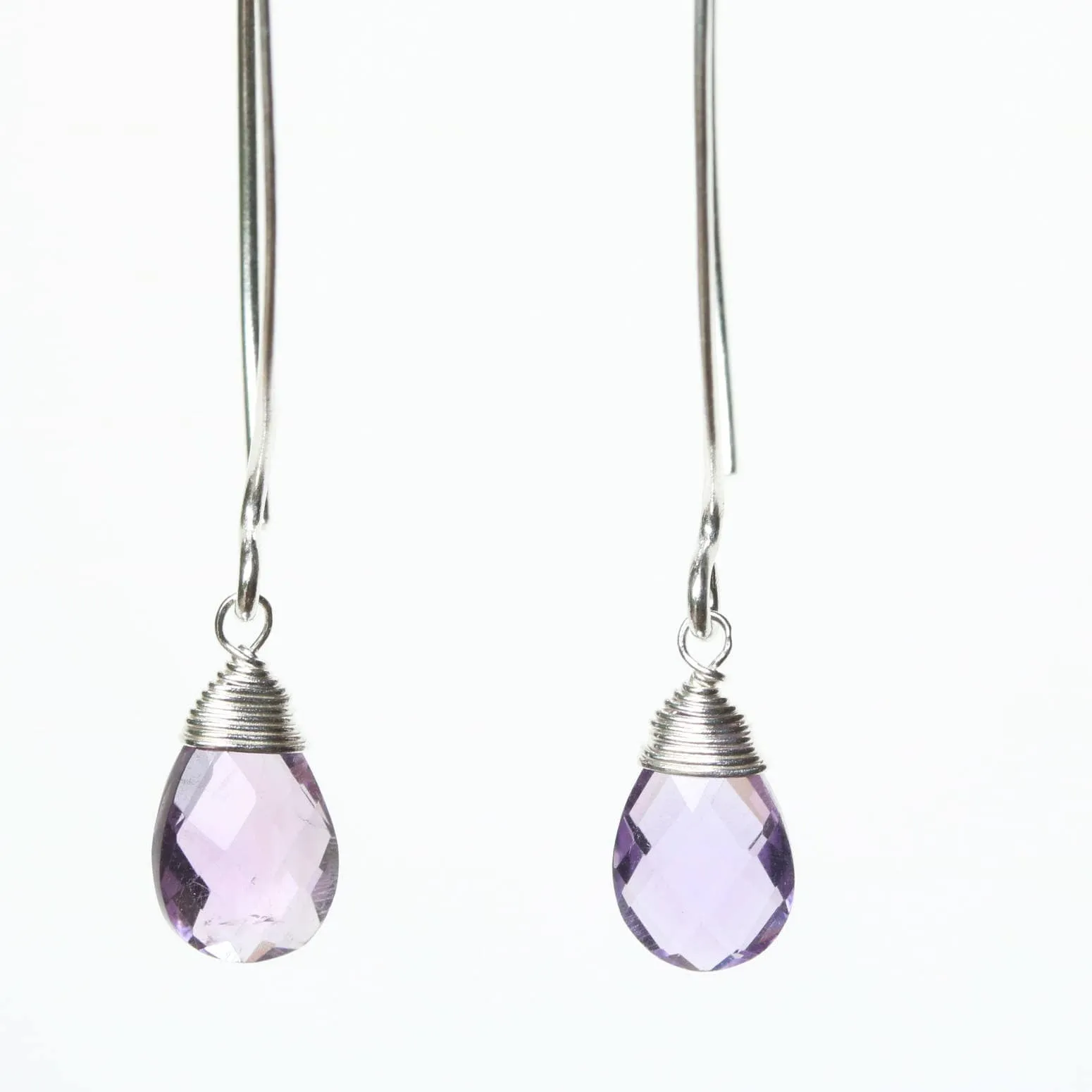 Amethyst gemstone drop earrings ~ February birthstone earrings ~ sterling silver long drop earring with sterling silver wrapped natural gem