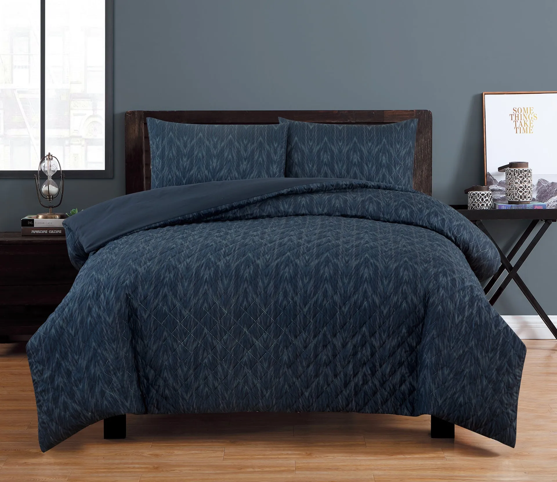 ARDOR BOUDOIR "Oak" EMBOSSED QUILT COVER SET - INDIGO