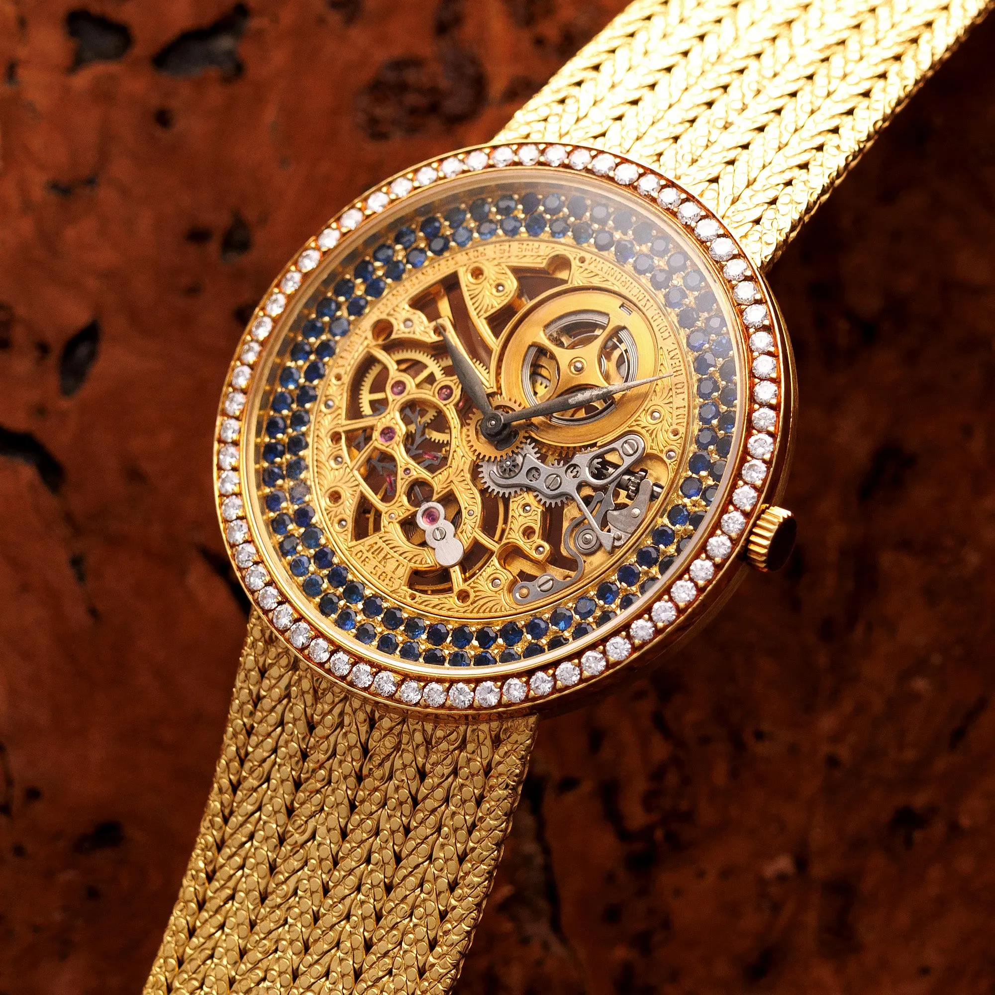 Audemars Piguet Yellow Gold Skeleton Watch with Diamonds and Sapphires