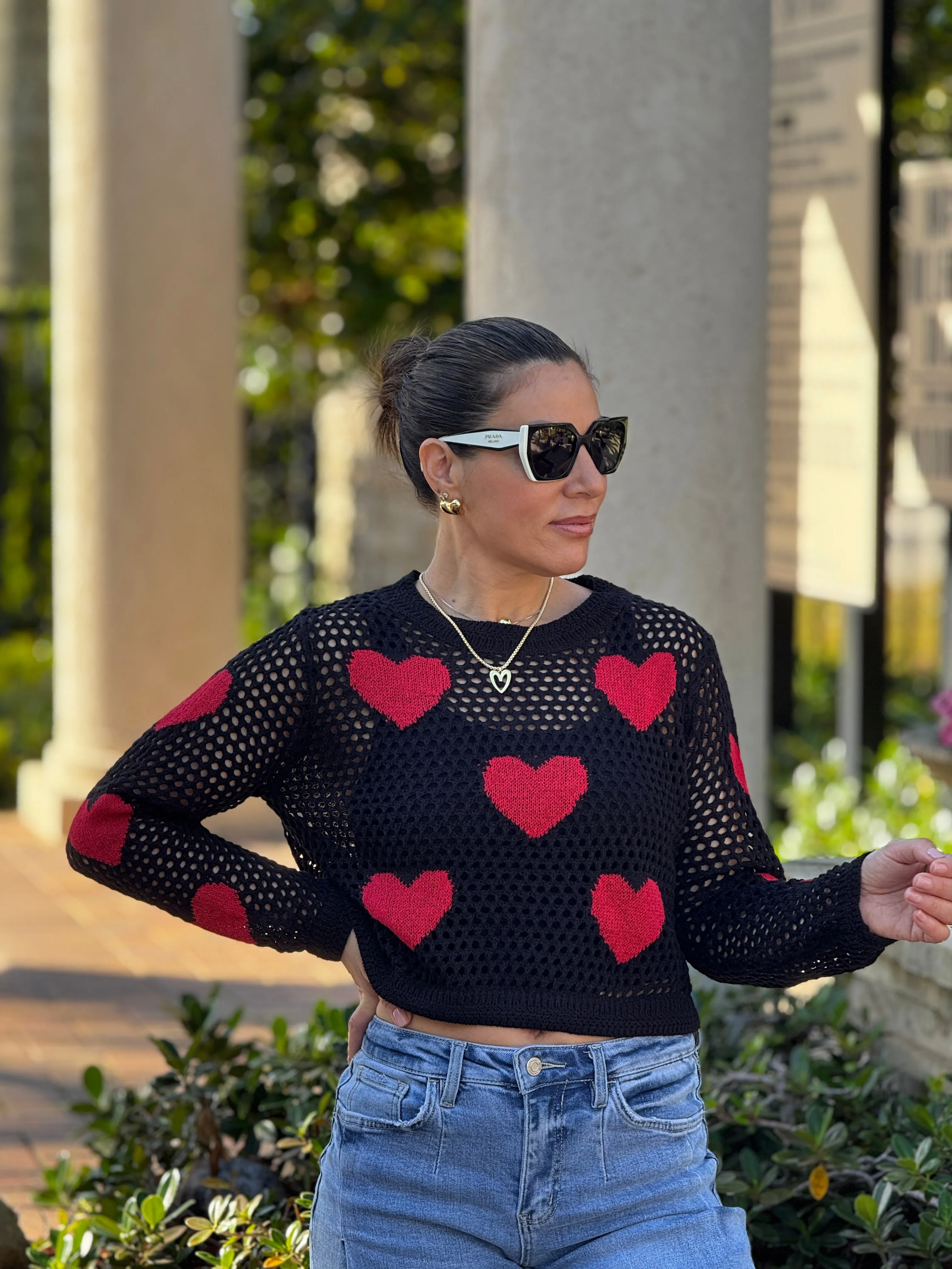 Aura" Mesh Long Sleeve Heart Shape Sweater