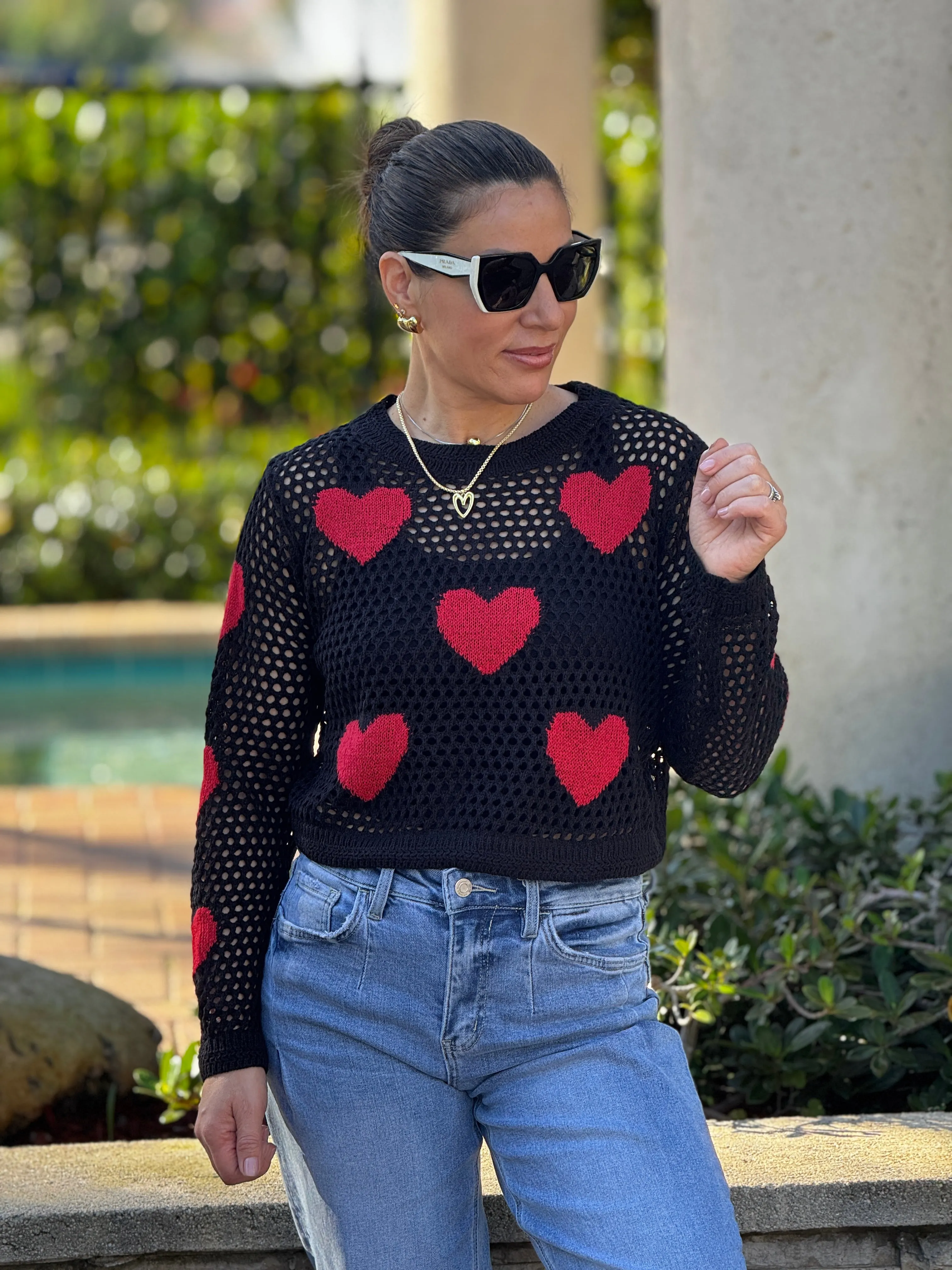 Aura" Mesh Long Sleeve Heart Shape Sweater