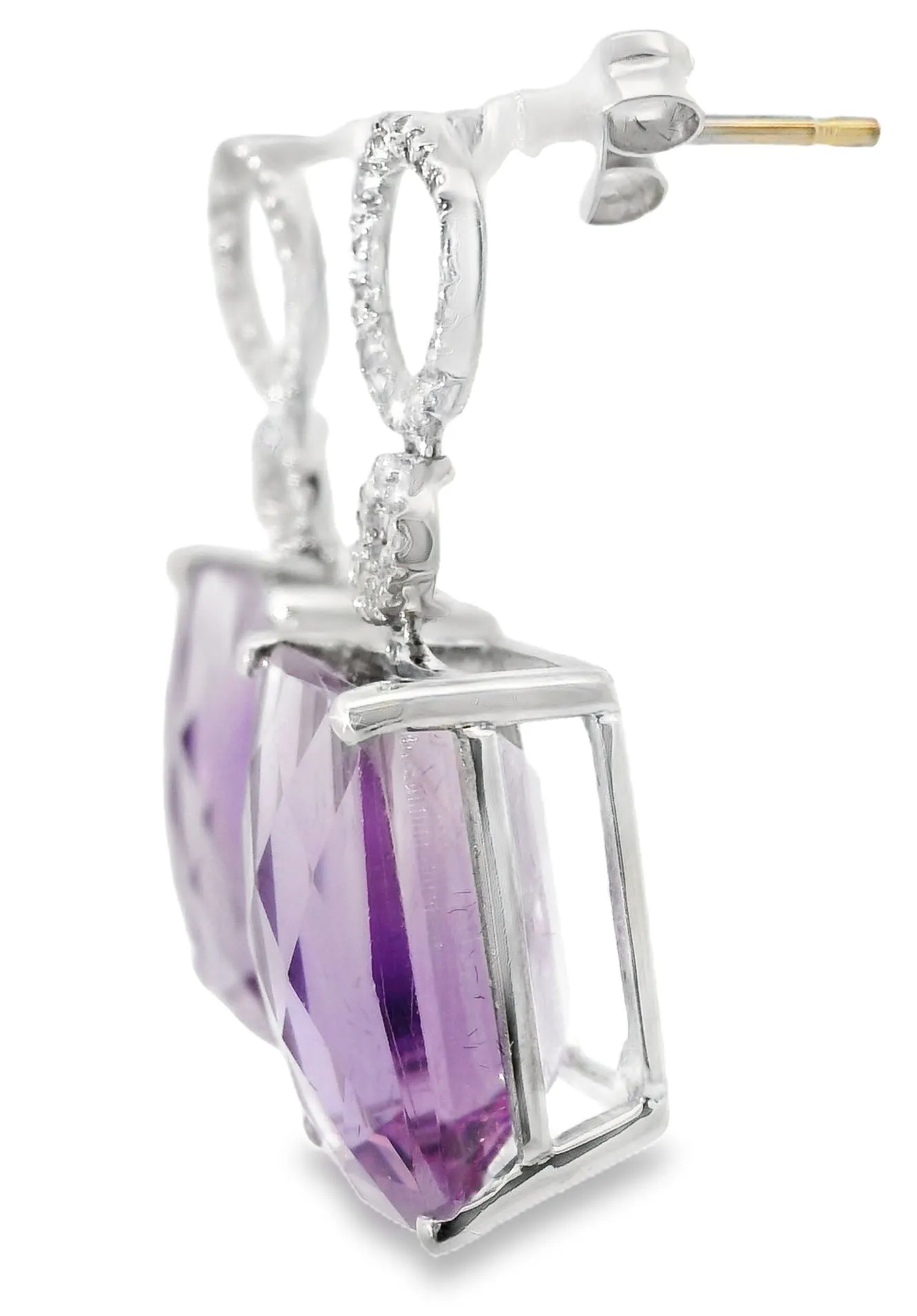Beautiful 18K White Gold Diamond Amethyst Drop Earrings