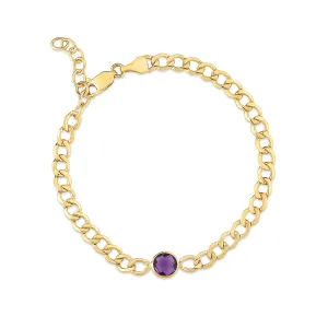 Bezeled Amethyst Curb Chain Gold Bracelet