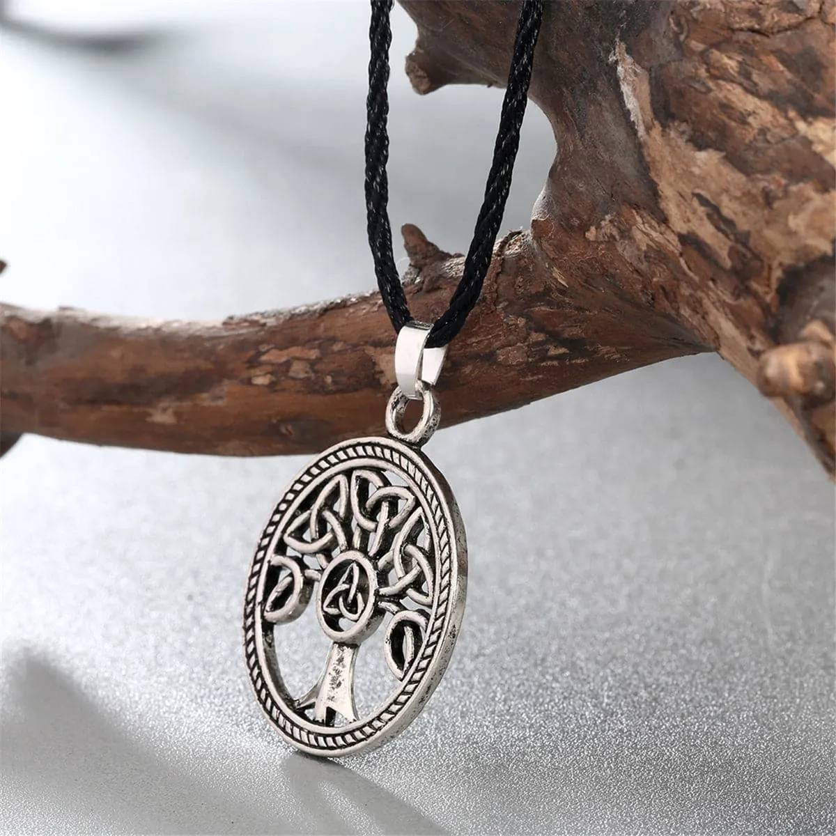 Black & Silver-Plated Openwork Round Tree Of Life Pendant Necklace