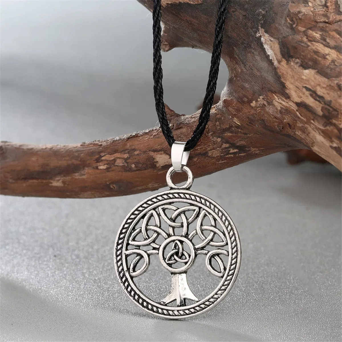 Black & Silver-Plated Openwork Round Tree Of Life Pendant Necklace