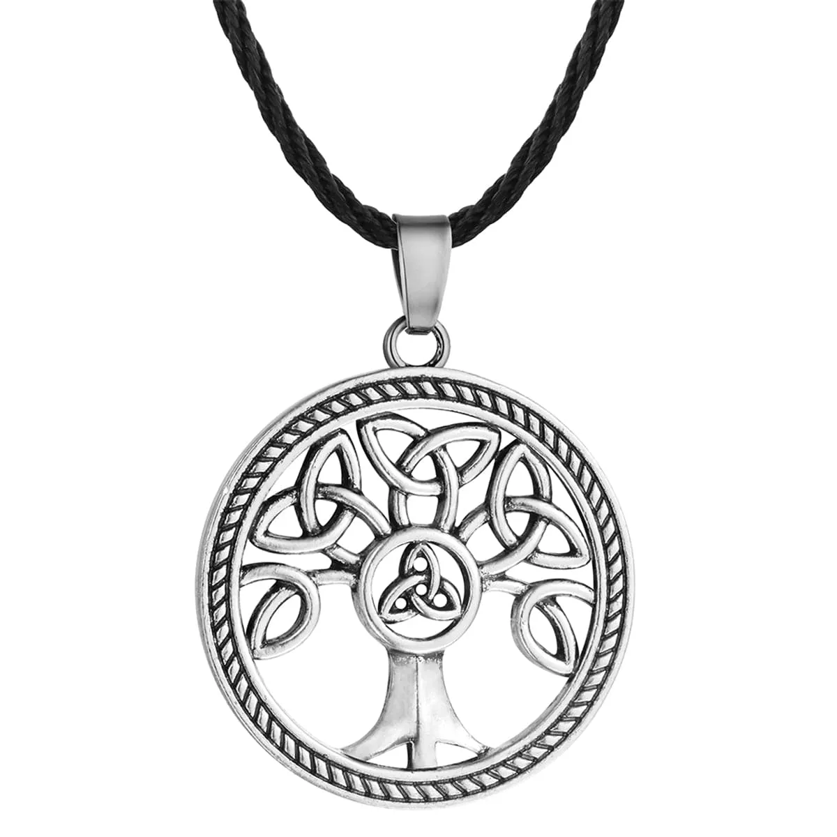 Black & Silver-Plated Openwork Round Tree Of Life Pendant Necklace